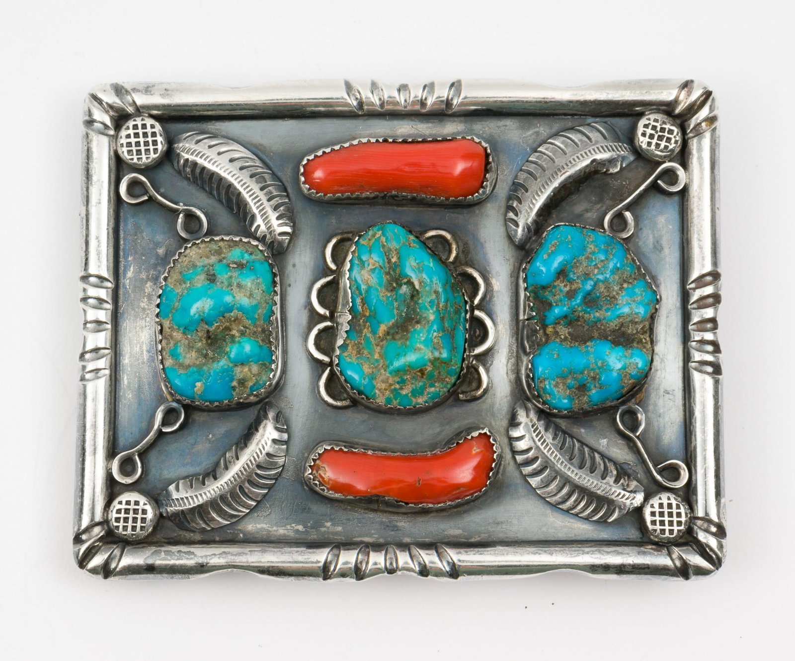 Navajo Silver, Turquoise & Coral Belt Buckle: 3-1/4" wide x 2-1/2" high. MH. IMPORTANT: Before bidding, please read the terms and conditions. When you registered for the auction you agreed to these terms and will be required to comply with them.