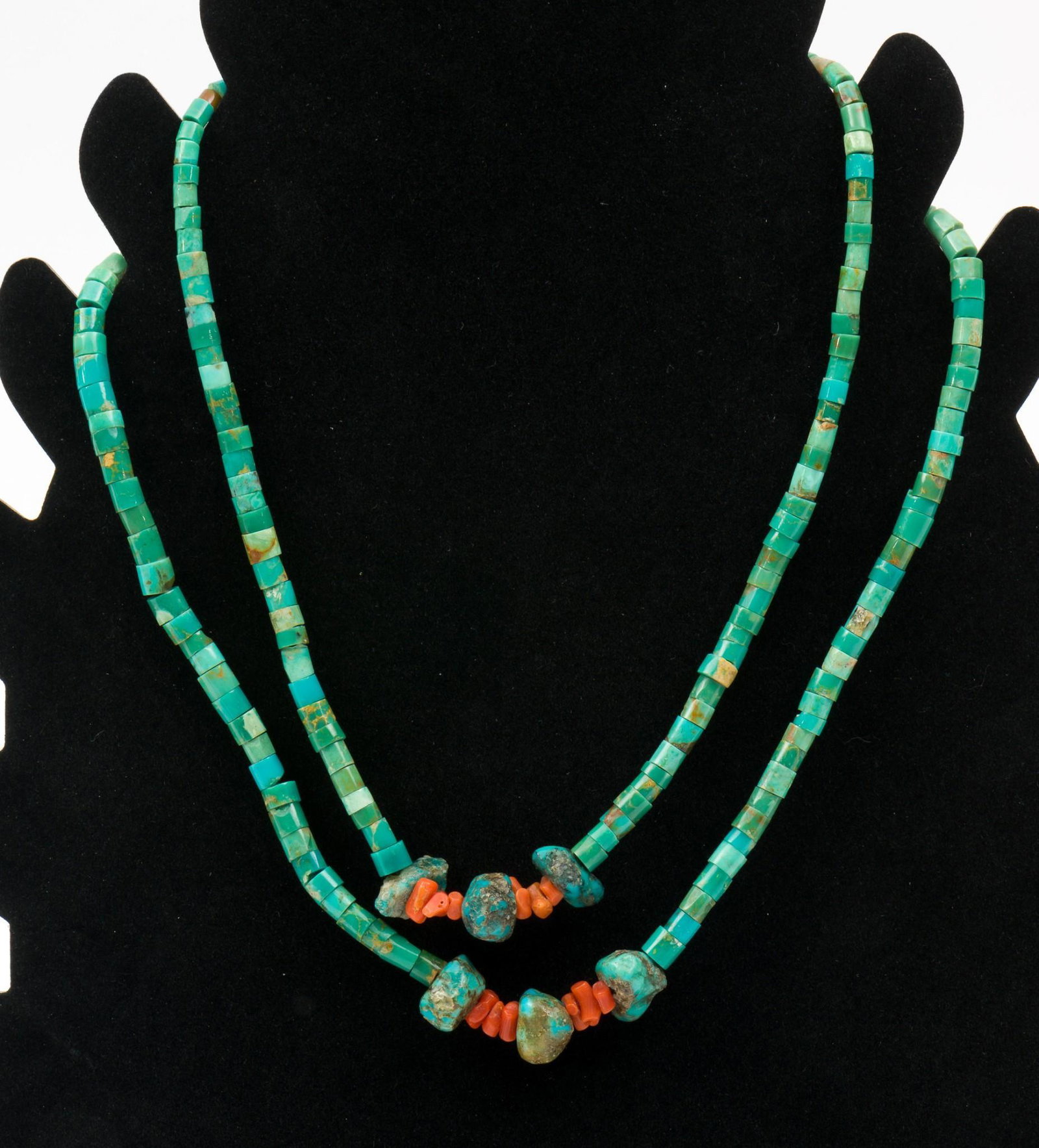 Two Turquoise and Coral Heishi Necklaces: Each 15" long. MH. IMPORTANT: Before bidding, please read the terms and conditions. When you registered for the auction you agreed to these terms and will be required to comply with them.