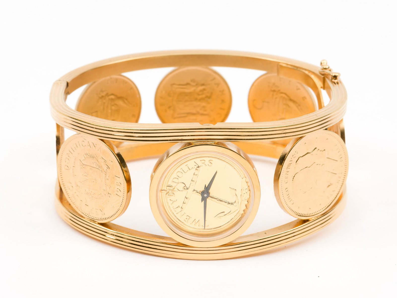 Franklin Mint "The Golden Caribbean Watch": Issued in 1987. Goldplate. Hinged. 2-1/2" diameter, 1-1/4" wide. In original box with Franklin Mint paperwork. Not running. MH. IMPORTANT: Before bidding, please read the terms and conditions. When yo