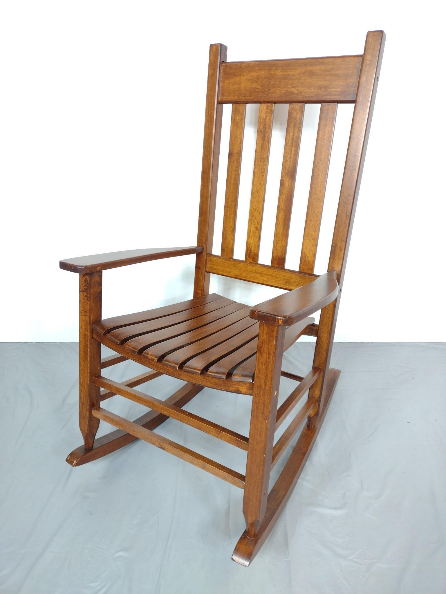 Rocking Chair: 26-1/2" wide X 34" deep X 46-1/4" high. No manufactures name found. MG. IMPORTANT: Before bidding, please read the terms and conditions. When you registered for the auction you agreed to these terms a