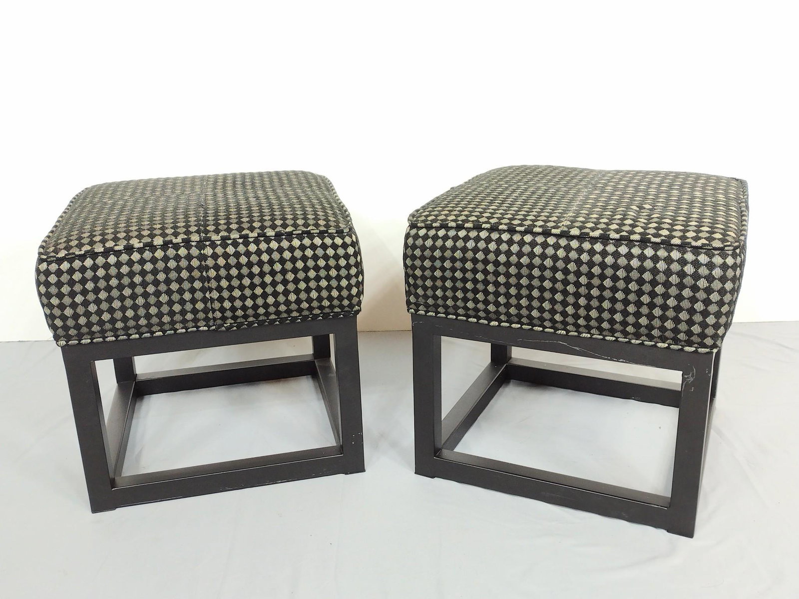 Pair Of Metal Frame Stools: 18" wide X 18" deep X 18" high. Both have some scratches to metal frame. No manufactures name found. MG. IMPORTANT: Before bidding, please read the terms and conditions. When you registered for the au