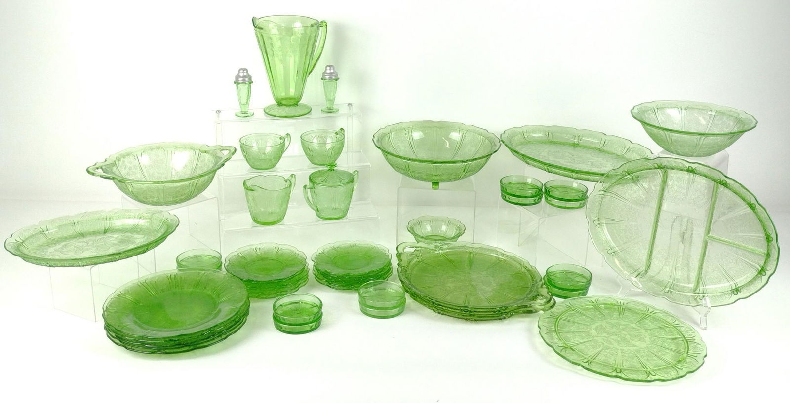 46 Pcs Green Cherry Blossom Depression Glass (1 of 9)