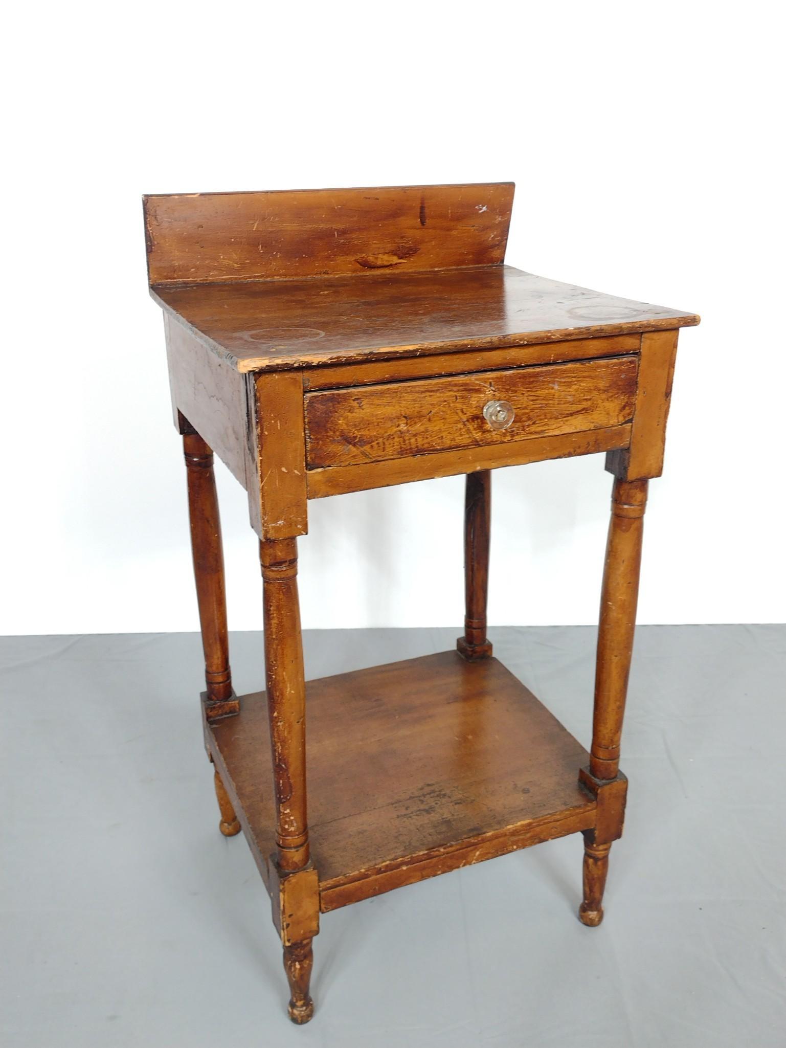 Single Drawer Wash Stand: 17" wide X 15" deep X 32" high. Has scratches and finish loss. MG. IMPORTANT: Before bidding, please read the terms and conditions. When you registered for the auction you agreed to these terms and wi