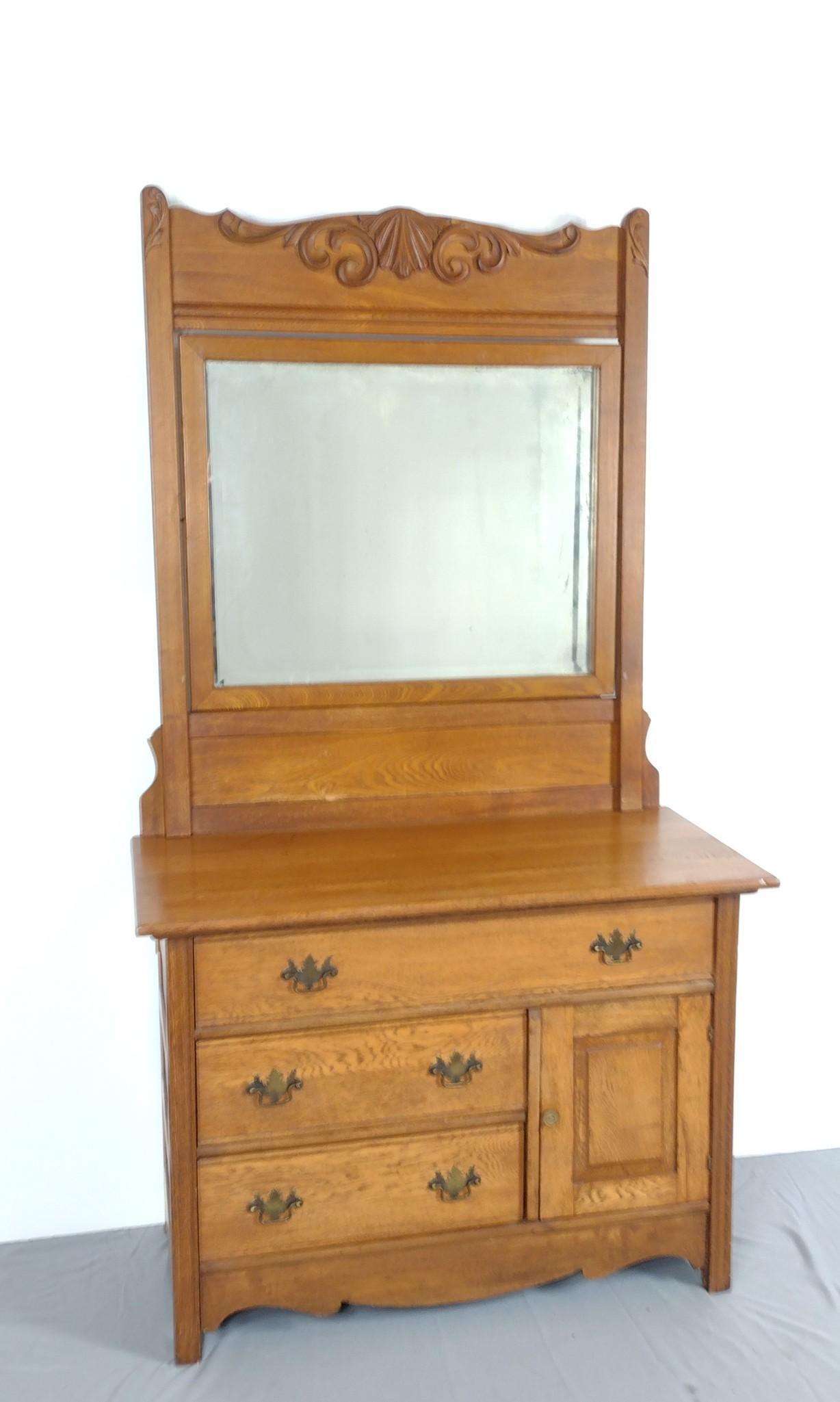 Victorian Dresser with Mirror: 42-1/2" wide X 19-1/4" deep X 77" high. Has some light scratches. MG. IMPORTANT: Before bidding, please read the terms and conditions. When you registered for the auction you agreed to these terms and