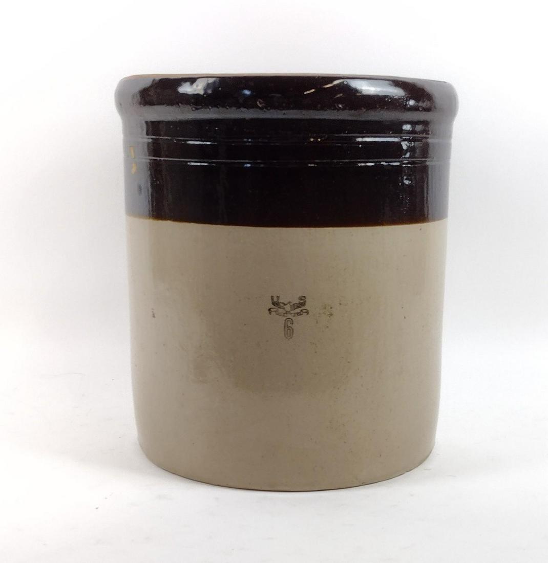 6 Gallon U.S. Standard Stoneware Crock: 12-3/4" diameter x 14" high. MEG IMPORTANT: Before bidding, please read the terms and conditions. When you registered for the auction you agreed to these terms and will be required to comply with them