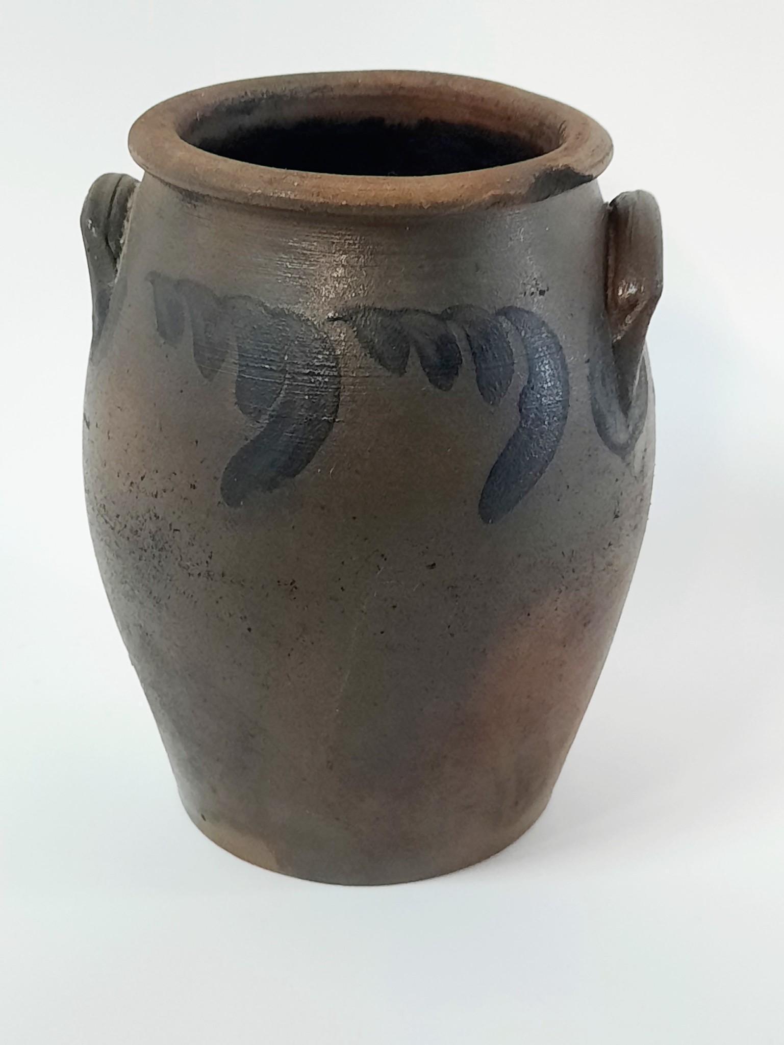 Cobalt Decorated Stoneware Crock: Unmarked. 8" diameter x 9-3/4" high. Some losses around top rim. LR IMPORTANT: Before bidding, please read the terms and conditions. When you registered for the auction you agreed to these terms and w