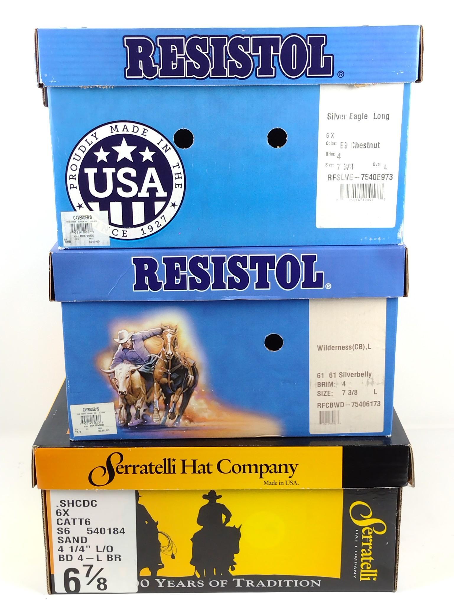 3 Cowboy Hats Incl Resistor & Serratelli: Includes sizes 7-3/8 (2) and 6-7/8 (1). All in original box. DP. IMPORTANT: Before bidding, please read the terms and conditions. When you registered for the auction you agreed to these terms and will
