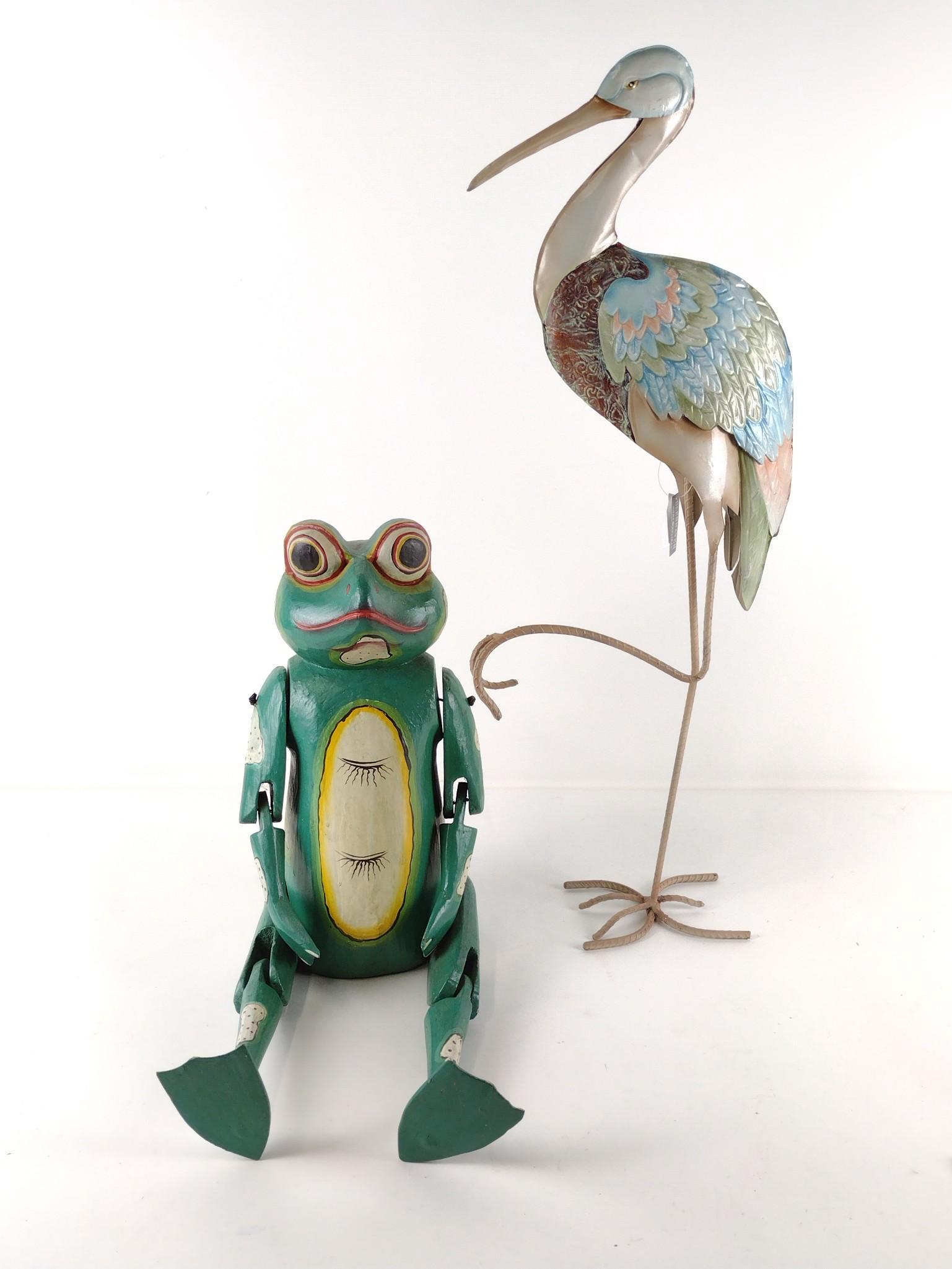 Wooden Frog & Metal Crane Sculptures: Frog 6" wide x 25-1/2" high. Crane 10-1/2" wide x 29-1/2" high. DP. IMPORTANT: Before bidding, please read the terms and conditions. When you registered for the auction you agreed to these terms and w