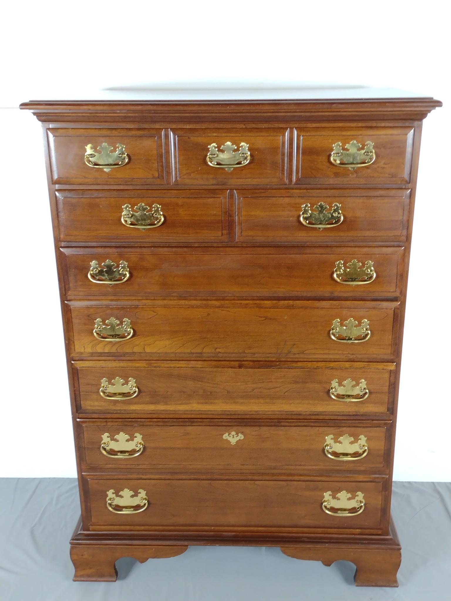 Tall Chest by Benford's: 35" wide X 19-1/2" deep X 51" high. Has some scratches. MG. IMPORTANT: Before bidding, please read the terms and conditions. When you registered for the auction you agreed to these terms and will be r