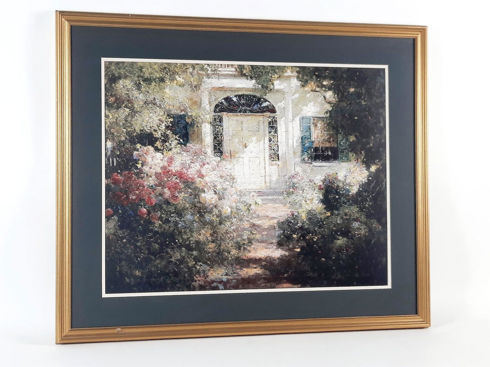 Abbott Fuller Graves Doorway Garden Print: Abbott Fuller Graves (1859-1936) was an American painter and illustrator who specialized in decorative open air garden paintings and floral still lifes. Overall with frame 30-1/4" high x 36" wide. Som