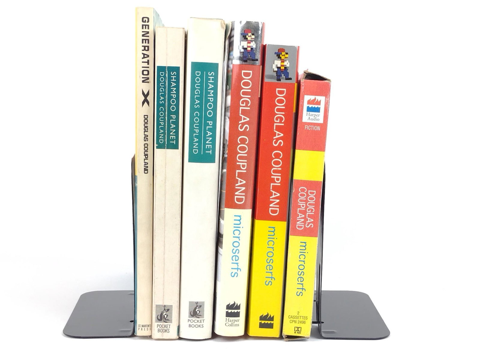 6 Douglas Coupland Books Incl Audio & Advanced Copy: Six books by Douglas Coupland including three copies of Microserfs, two copies Shampoo Planet, and one copy Generation X. Microserfs include two cassette audio book, one first edition hardback includi