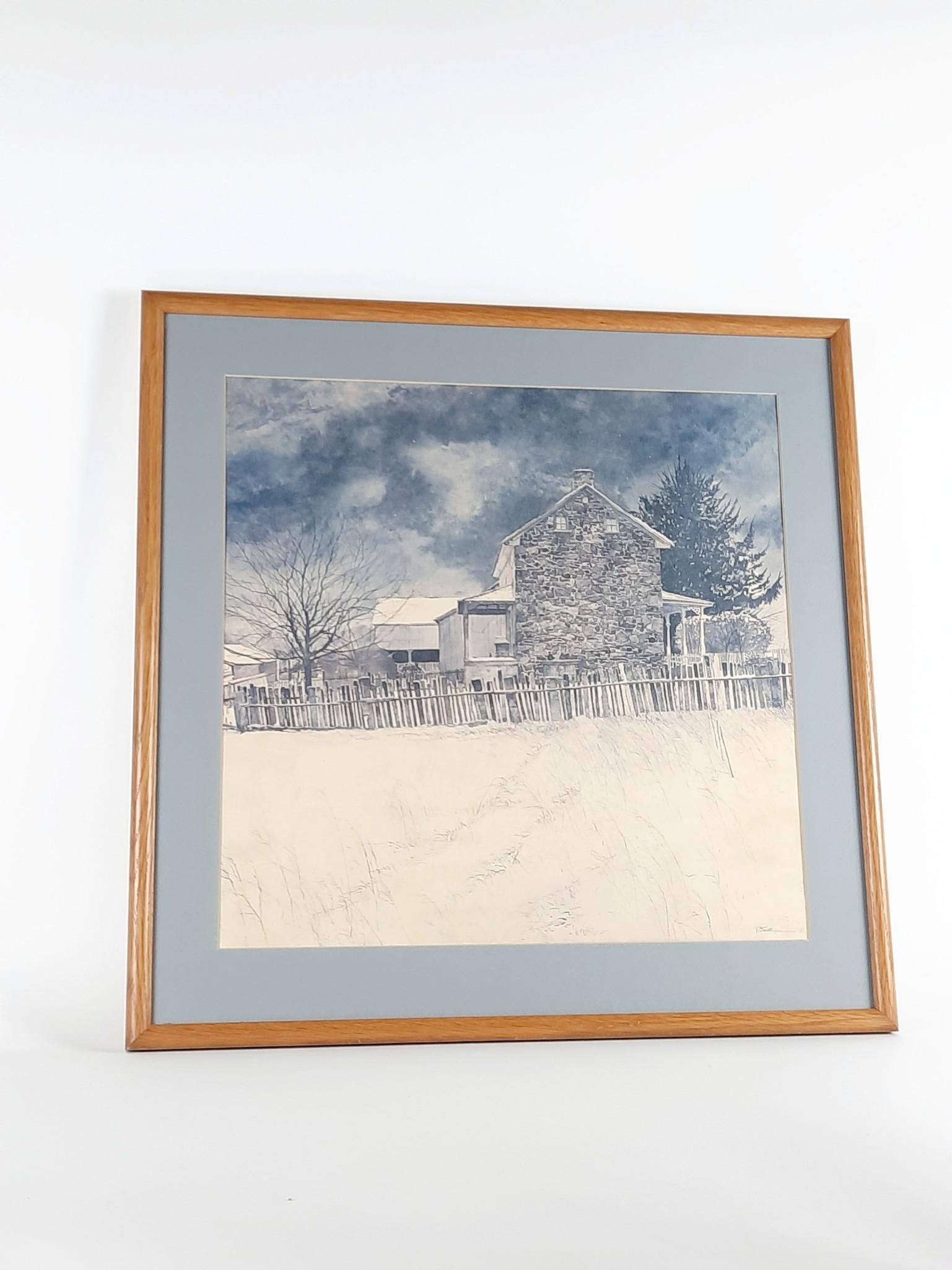 Peter Sculthorpe Stone House Print: Overall with frame 25-1/4" high x 25-1/4" wide. LR IMPORTANT: Before bidding, please read the terms and conditions. When you registered for the auction you agreed to these terms and will be required t