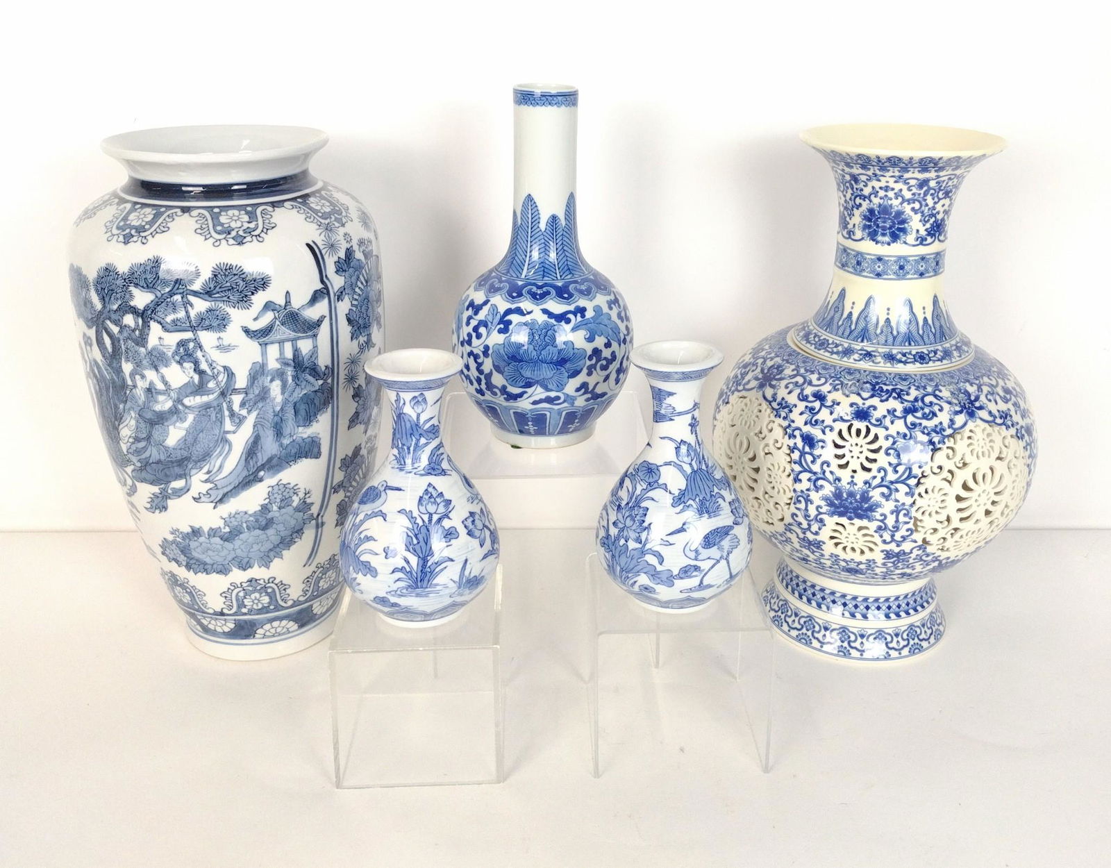 5 Blue & White Ceramics Incl Cut Work Vase (1 of 6)