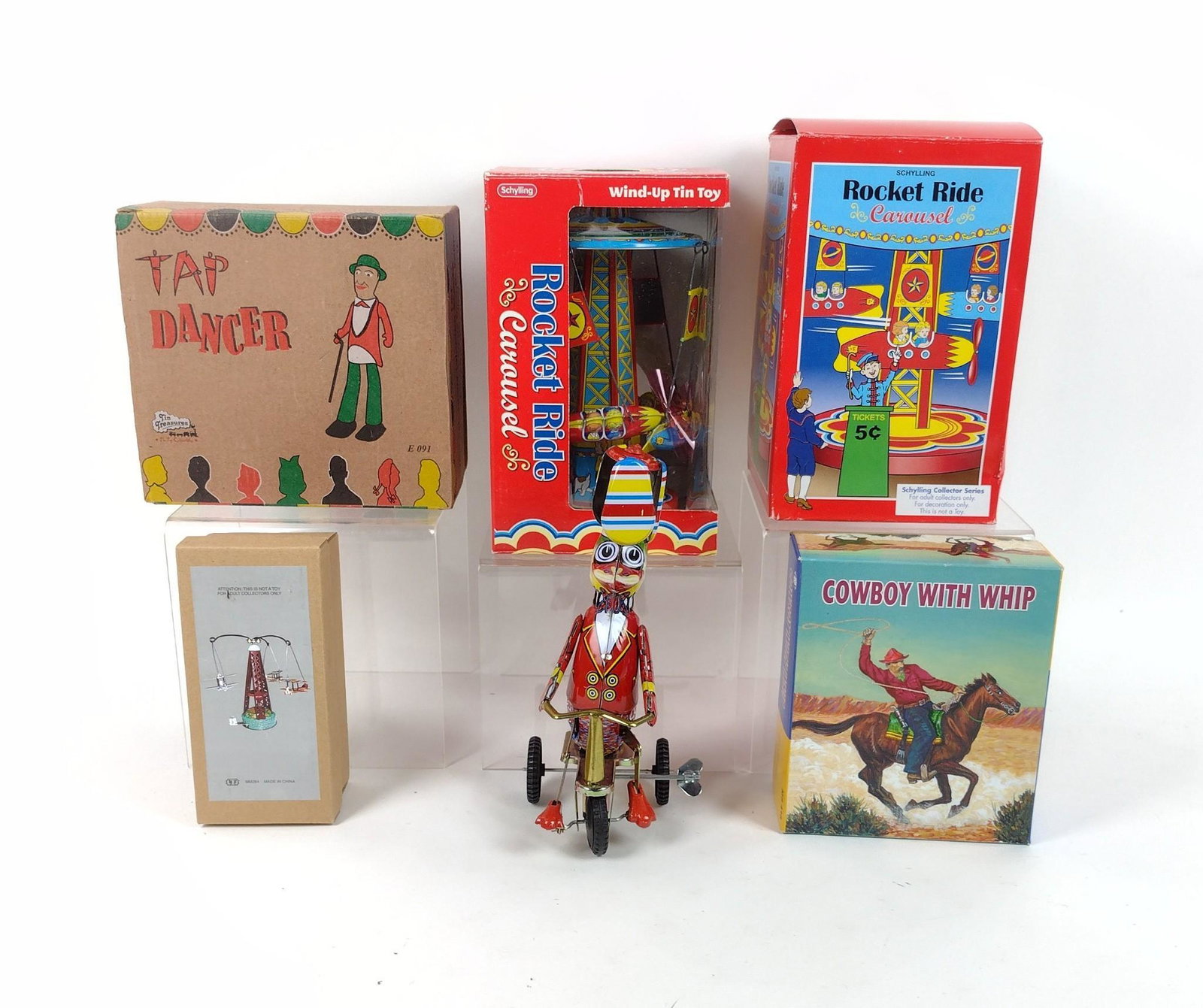 6 Vintage Mechanical Toys incl Cowboy: All working. 5-3/4" to 8" high. MEG IMPORTANT: Before bidding, please read the terms and conditions. When you registered for the auction you agreed to these terms and will be required to comply with t