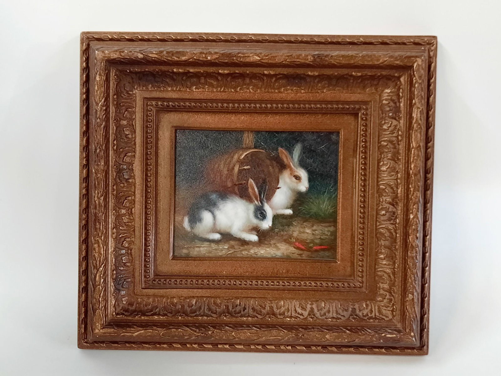 Dawson Old Master Style Rabbits Oil Painting: Overall with frame 18-1/2" high x 20" wide. LR IMPORTANT: Before bidding, please read the terms and conditions. When you registered for the auction you agreed to these terms and will be required to co