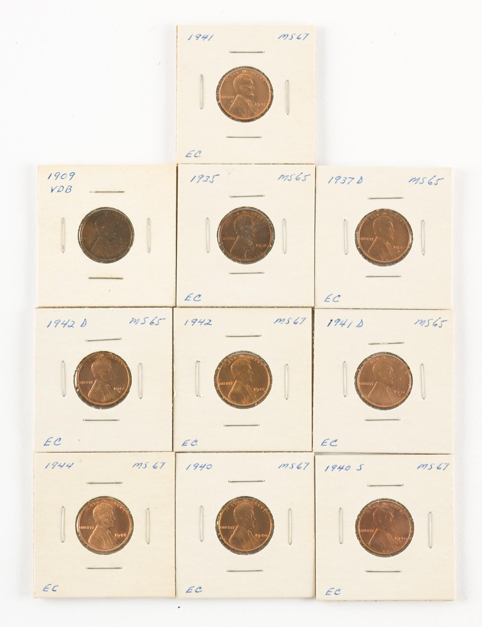Ten B.Unc. Lincoln Cents: Includes 1909 V.D.B. (A. Unc.), 1935, 1937-D, 1940, 1940-S, 1941, 1941-D, 1942, 1942-D, and 1944. MH. IMPORTANT: Before bidding, please read the terms and conditions. When you registered for the aucti