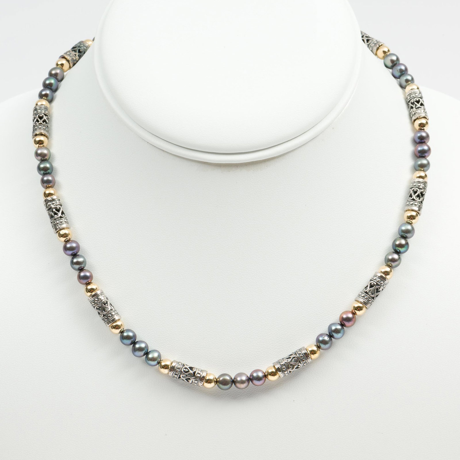 Ross-Simons Sterling & Black Pearl Necklace: Black pearls and beads. Clasp marked 925. In original box. Pearls 5.25mm. Beads 4.6mm. 16" long. DP. IMPORTANT: Before bidding, please read the terms and conditions. When you registered for the auctio