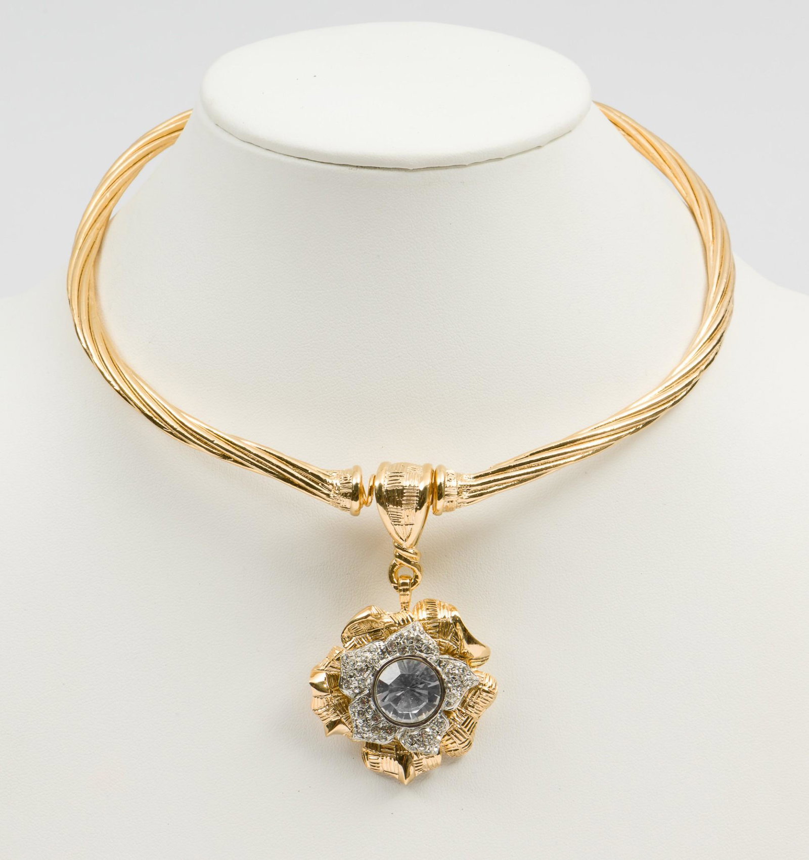 Guy Ferrar Hinged Necklace: Flower pendant with rhinestones. With original tag. Pendant 2-5/8" long. Necklace 5-1/4" diameter. DP. IMPORTANT: Before bidding, please read the terms and conditions. When you registered for the auct