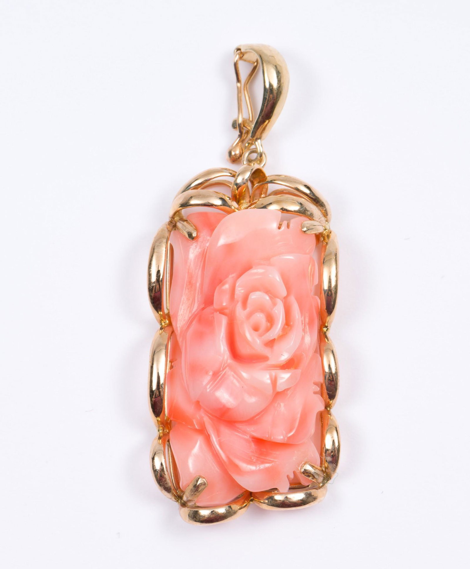 Ross-Simons 14K Rose Carved Coral Pendant: In original bag. 1-1/4" long. DP. IMPORTANT: Before bidding, please read the terms and conditions. When you registered for the auction you agreed to these terms and will be required to comply with the
