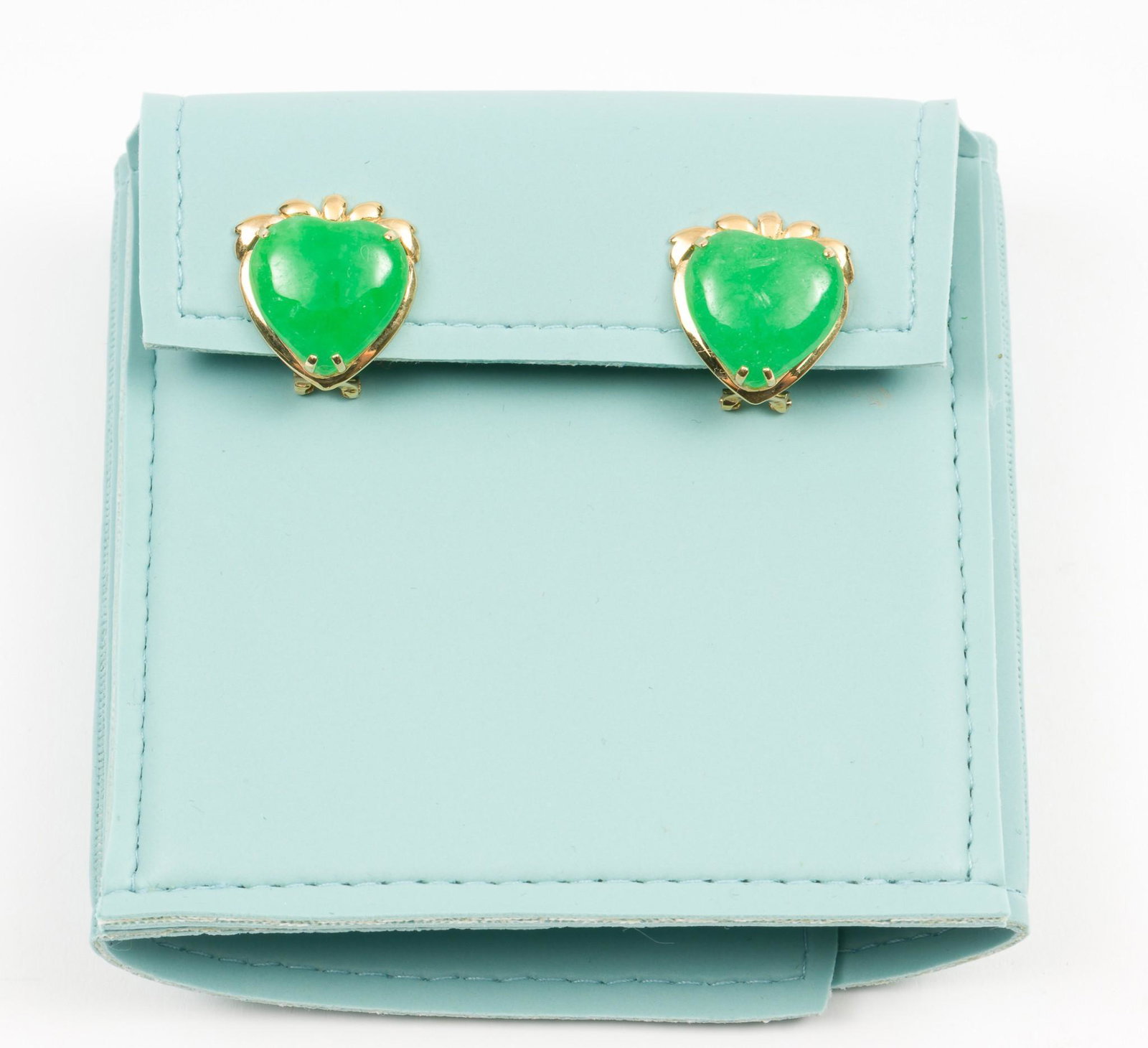 Ross-Simons 14K Green Jade Heart Earrings: Clip post. Marked 14K. In original box. 3/4" long. DP. IMPORTANT: Before bidding, please read the terms and conditions. When you registered for the auction you agreed to these terms and will be requir