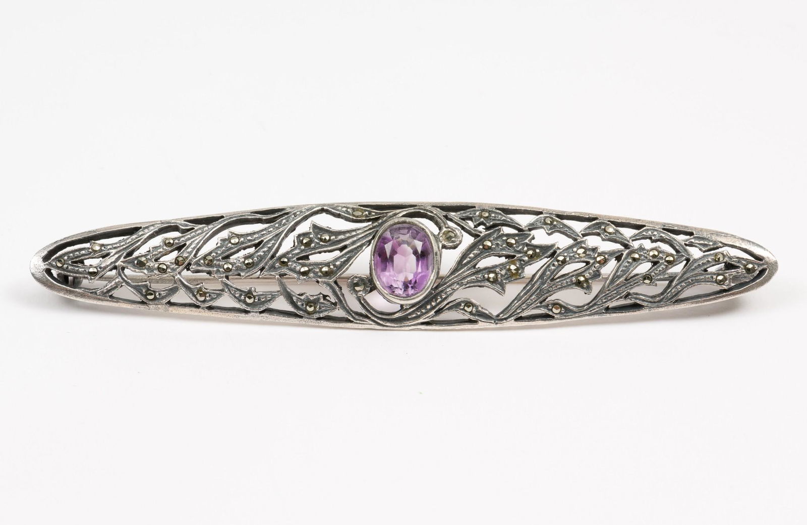 Vintage Sterling, Amethyst, & Marcasite Bar Pin (1 of 2)
