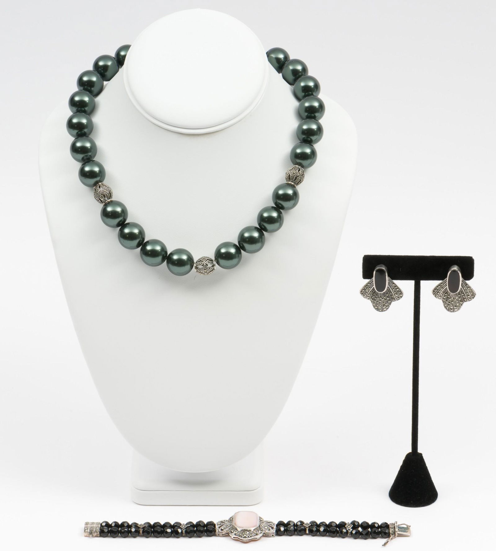 Sterling & Marcasite Necklace, Bracelet, and Earrings (1 of 9)