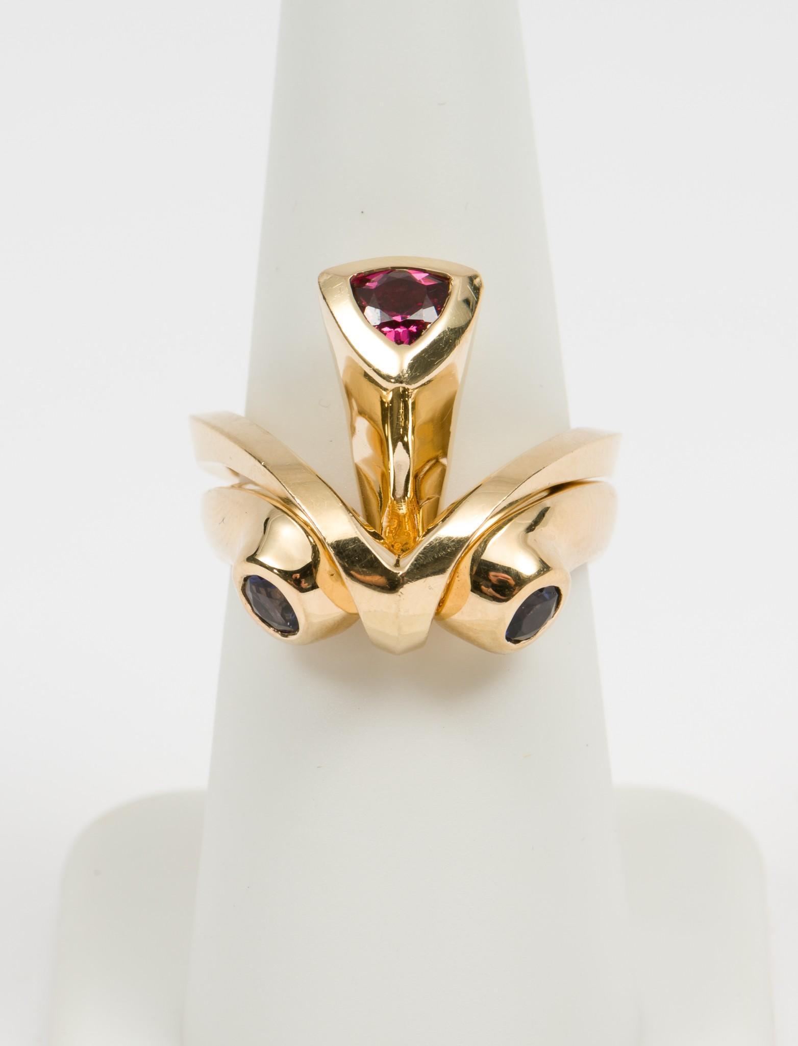 E. Fradkin 14K Gold, Rhodolite and Iolite Interlocking Rings (1 of 8)