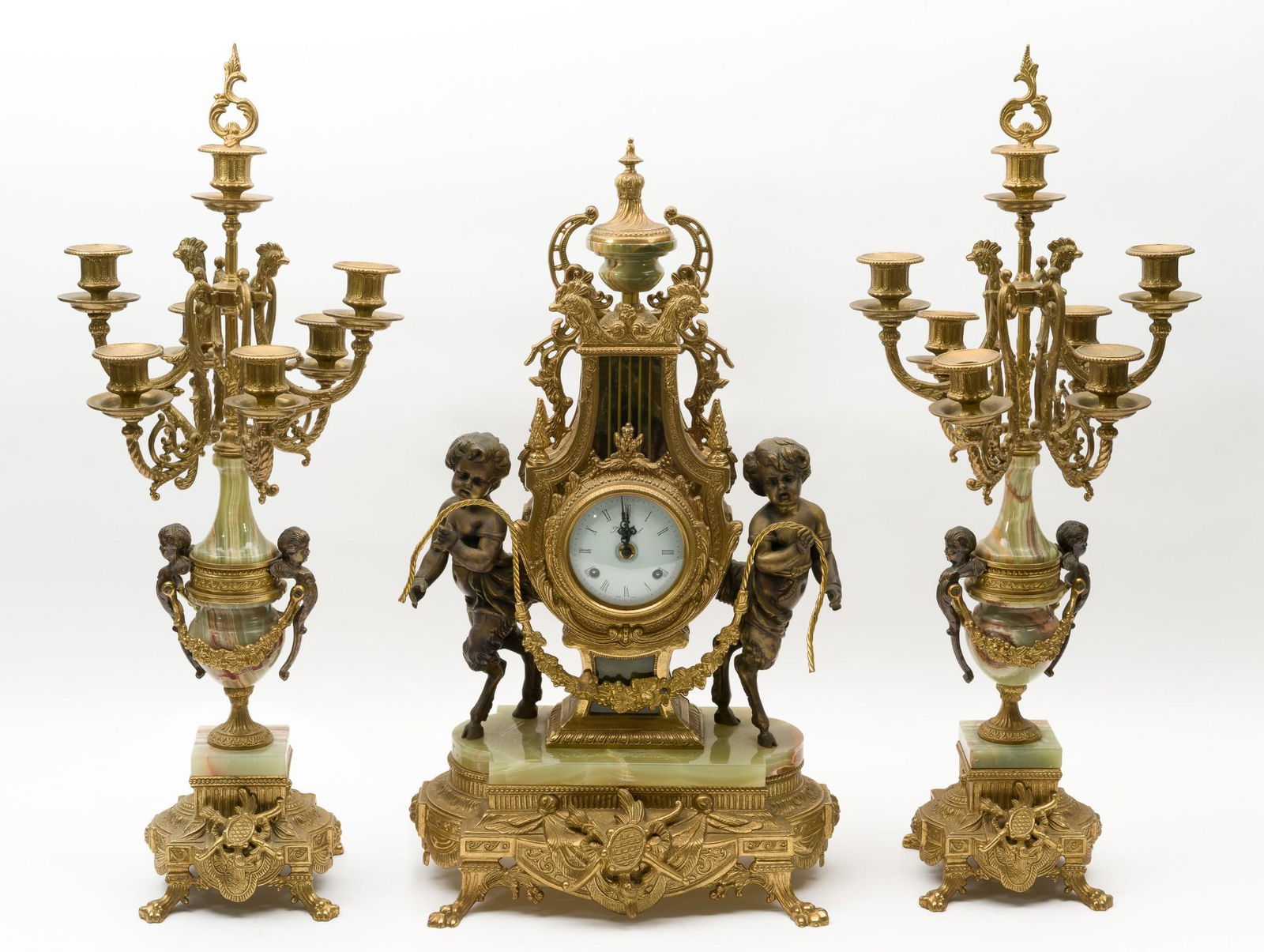 3 Pc Gilt Bronze & Green Onyx Clock Garniture (1 of 13)
