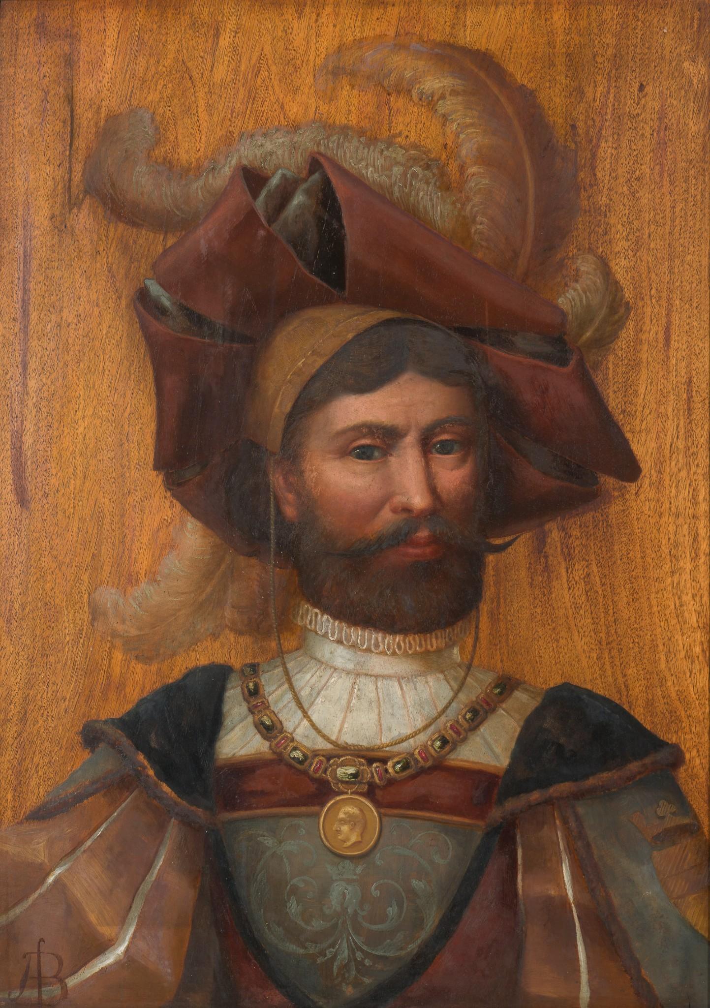 Spanish Conquistador Portrait Painting Signed AB: DESCRIPTION: Spanish Conquistador portrait painting signed AB to lower left corner. Acrylic on board. In gilt wood frame. Man wearing large feather hat in lavish robes with medallion necklace. MEASURE