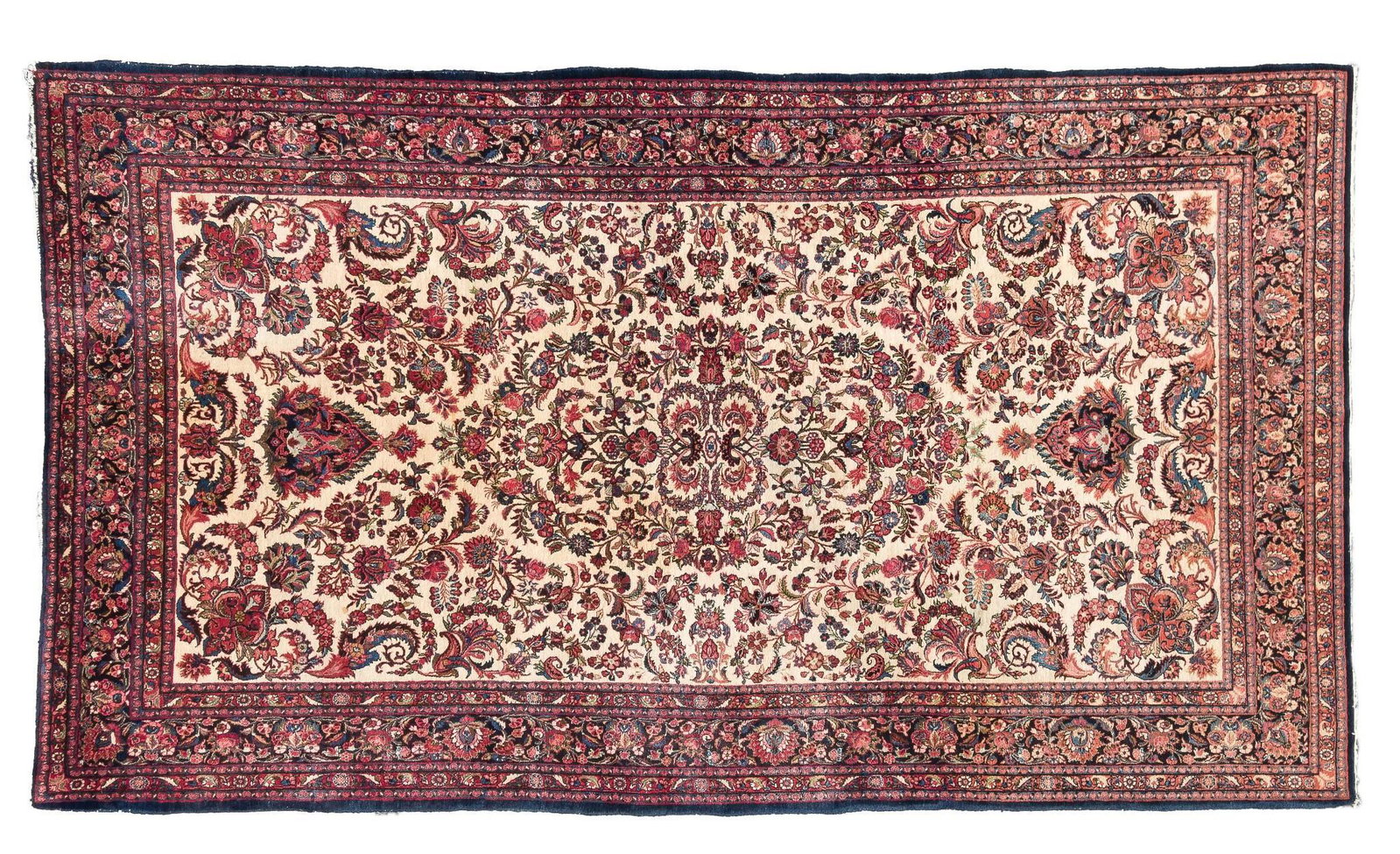 Persian Kazvin Room Size Rug: DESCRIPTION: Persian Kazvin room size rug. All-over botanical inspired design set in an ivory field with red, dark blue, and pink highlights. 1950s. MEASUREMENTS: 9' 6" wide x 17' 6" long. CONDITION: 