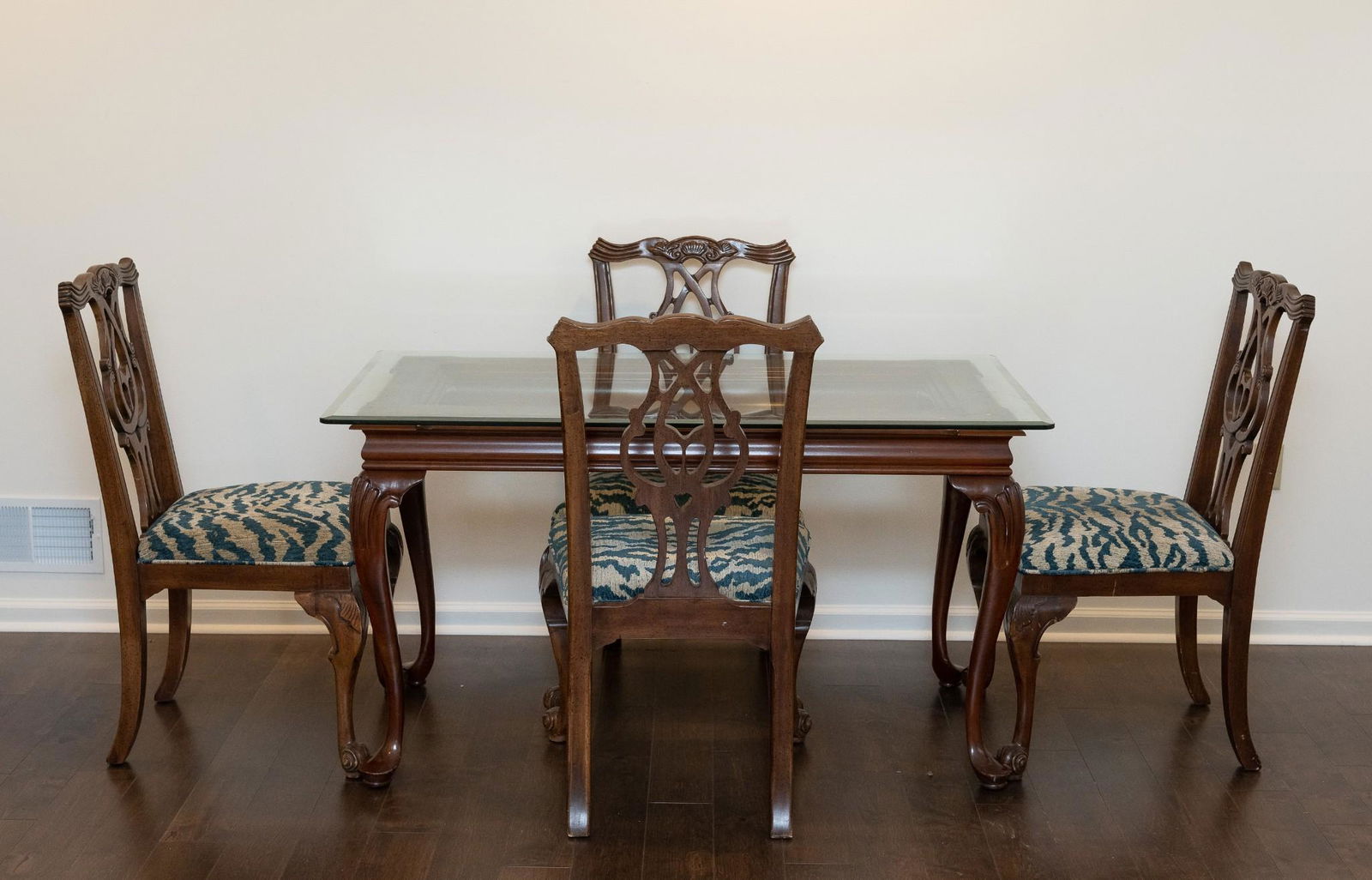 Glass Top Table with 4 Side Chairs: Table: 54" wide x 30" deep x 29-1/2" high. Side chairs: 22" wide x 21-1/2" deep x 38-3/4" high. LR / WP IMPORTANT: Before bidding, please read the terms and conditions. When you registered for the auc