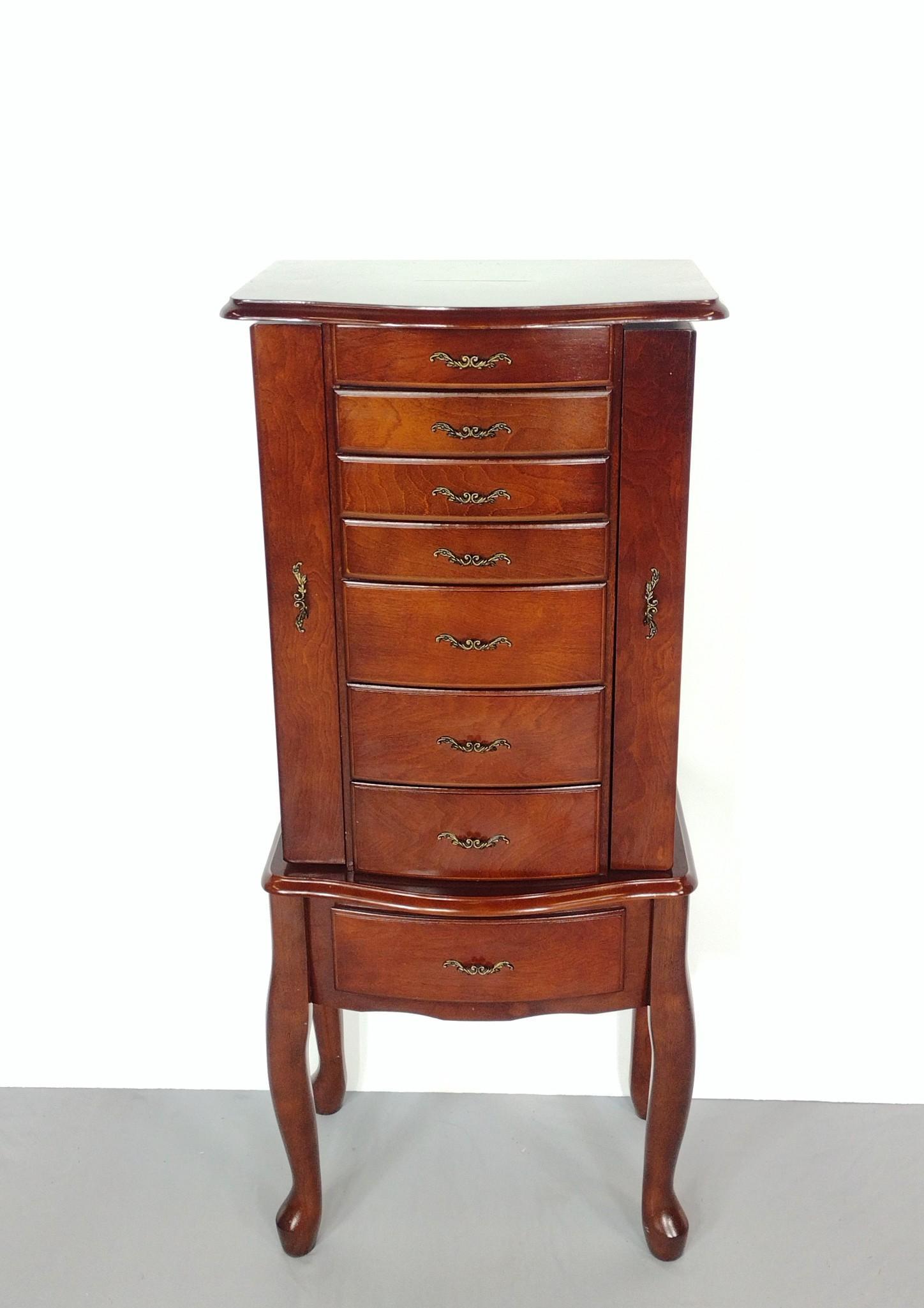 Jewelry Chest: 16-3/4" wide X 12" deep X 39-1/2" high. Has some light scratches. Top has a large scratch. MG. IMPORTANT: Before bidding, please read the terms and conditions. When you registered for the auction you 