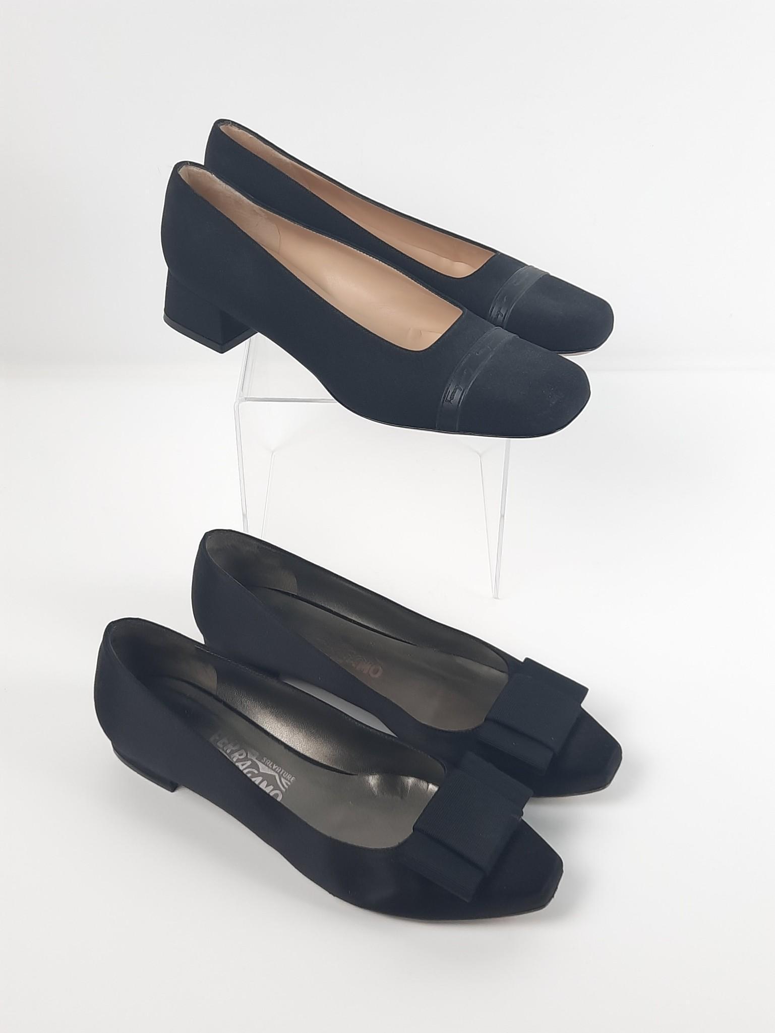 2 Pairs Black Italian Salvatore Ferragamo Heeled Flats: Both size 8 B. Top like new. Bottom with some wear. LR IMPORTANT: Before bidding, please read the terms and conditions. When you registered for the auction you agreed to these terms and will be requir