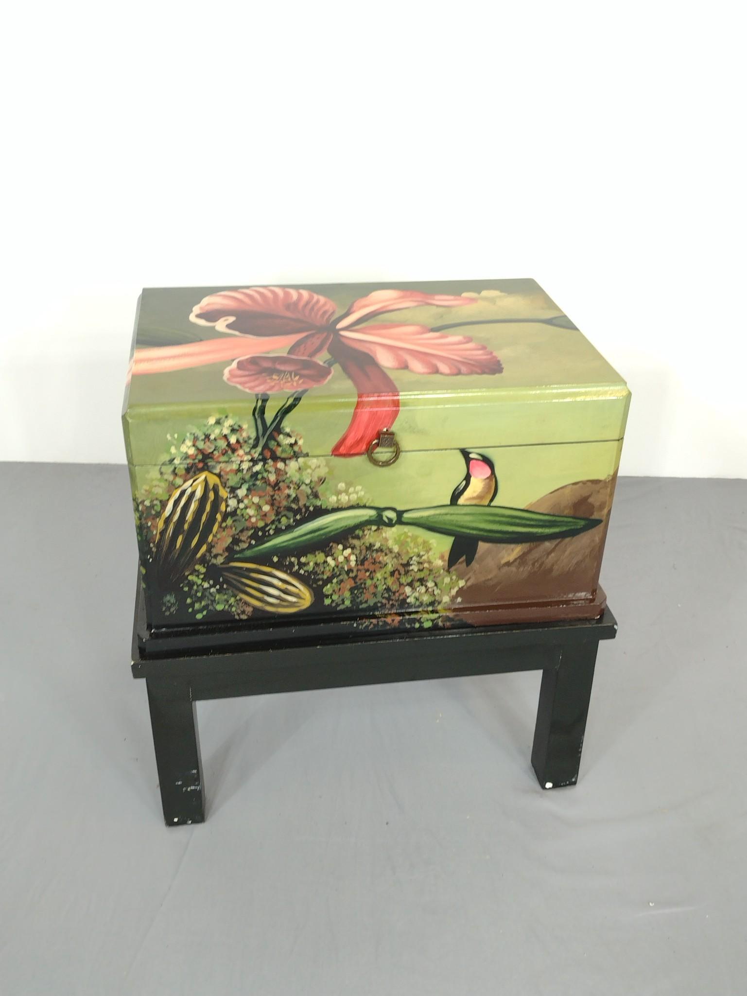 Flower Painted Box On Stand: 19" wide X 13-1/4" deep X 19-3/4" high. Stand has some scratches. MG. IMPORTANT: Before bidding, please read the terms and conditions. When you registered for the auction you agreed to these terms and