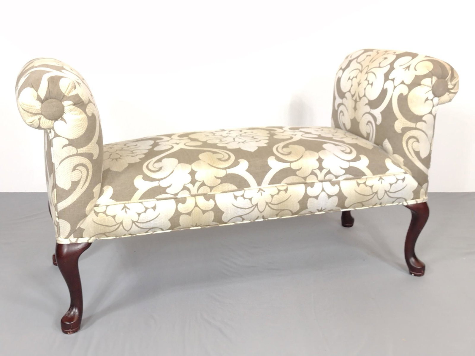 Upholstered Bench: No makers markings. 46" wide X 19" deep X 26" high. MG. IMPORTANT: Before bidding, please read the terms and conditions. When you registered for the auction you agreed to these terms and will be requi