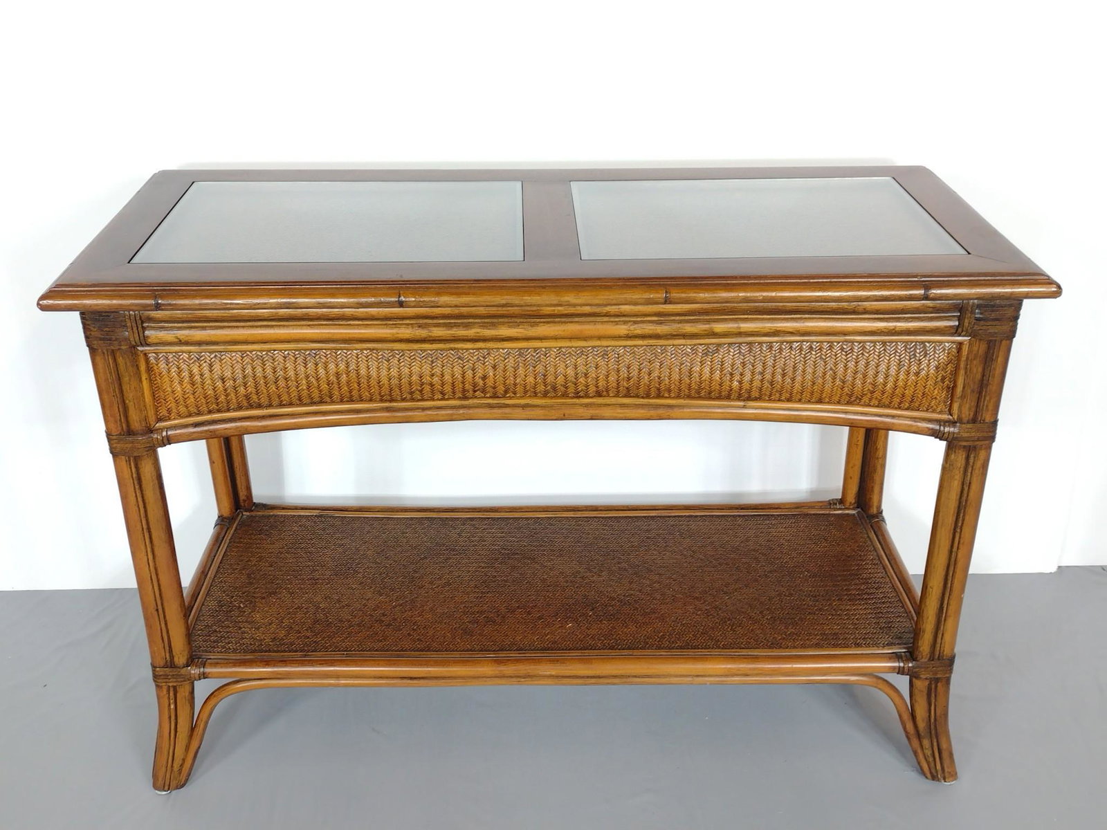 Strickland Sofa Table: 48" wide X 20" deep X 32" high. No maker tag found. Attributed to Strickland. MG. IMPORTANT: Before bidding, please read the terms and conditions. When you registered for the auction you agreed to the