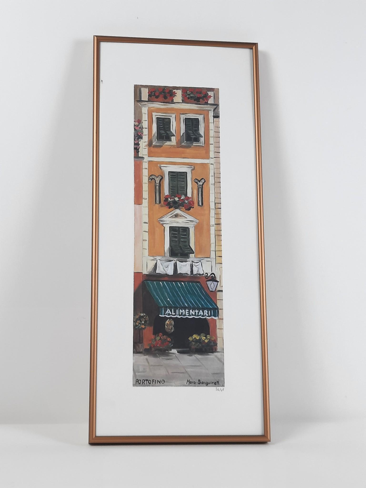 Mara Sanguineti "Pirtofino" Ltd Ed Print: Sanguineti of Portofino, Liguria, located on the Italian Riviera. Edition number 36 / 48. Overall with frame 24" high x 10" wide. LR IMPORTANT: Before bidding, please read the terms and conditions. Wh