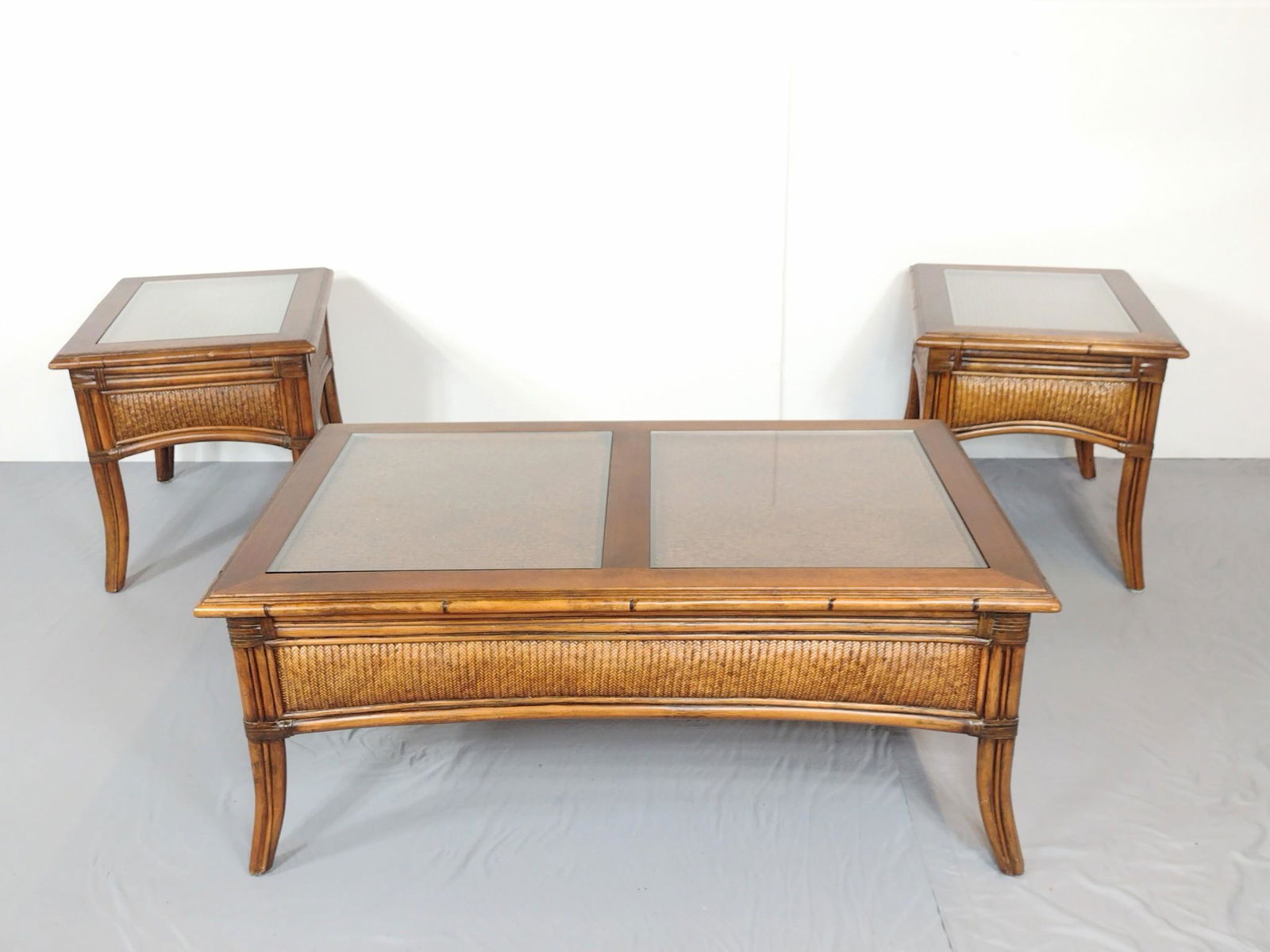 Glass Top Wicker Coffee & End Table Set (1 of 8)
