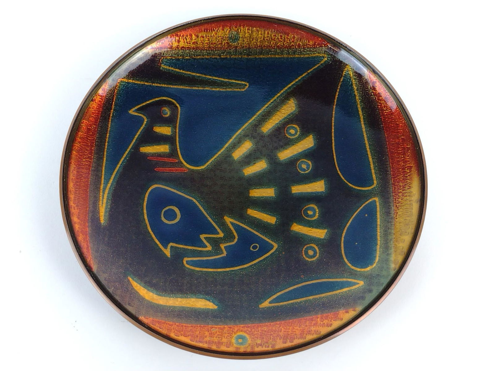 David Anderson Norway Bronze Enamel Bird Charger: 8-1/4" diameter. Signed on verso. DP. IMPORTANT: Before bidding, please read the terms and conditions. When you registered for the auction you agreed to these terms and will be required to comply with