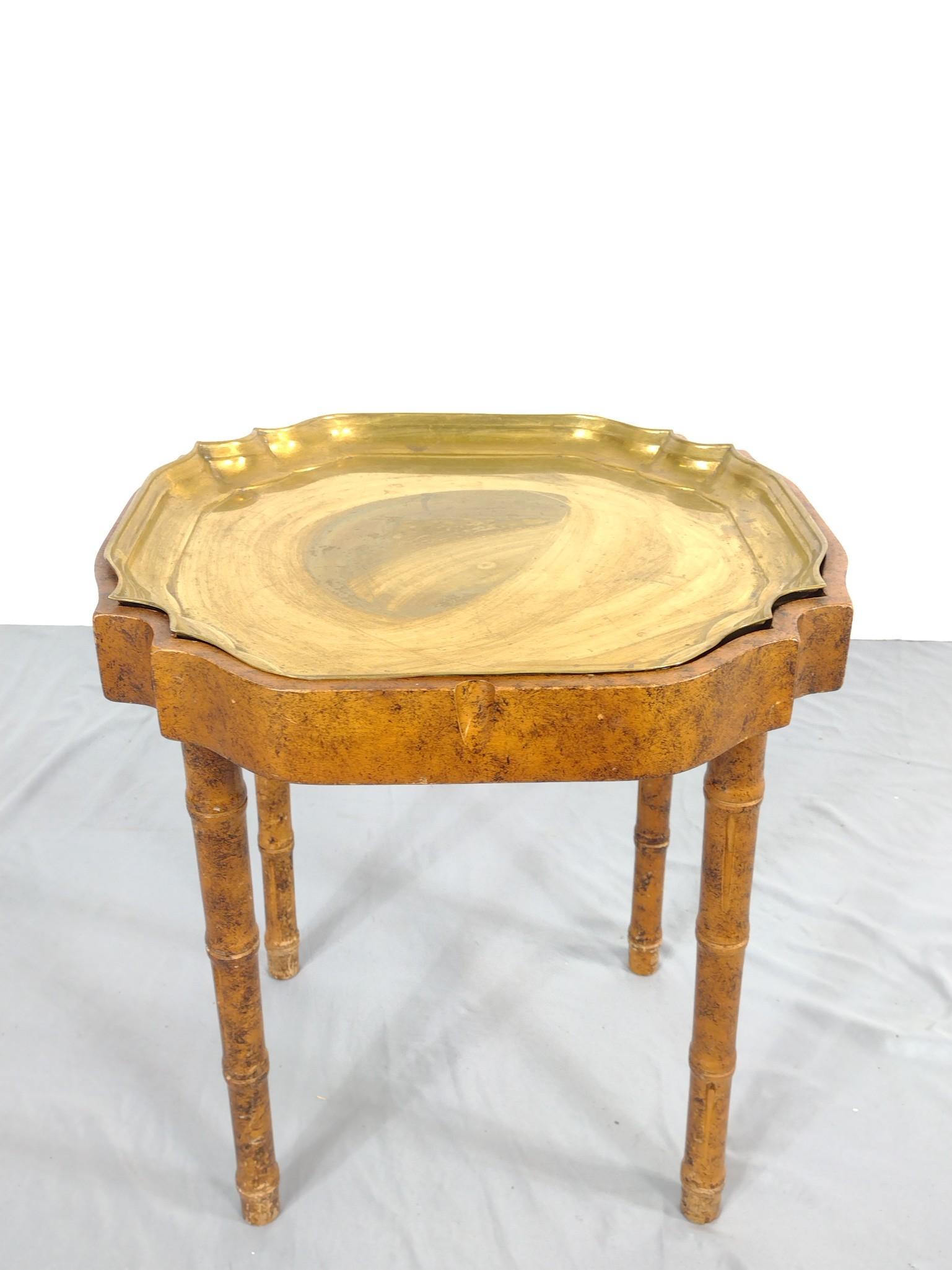 Tray Table With Brass Insert: Made in Spain. 17-3/4" wide X 17-3/4" deep X 18-1/2" high. MG. IMPORTANT: Before bidding, please read the terms and conditions. When you registered for the auction you agreed to these terms and will b