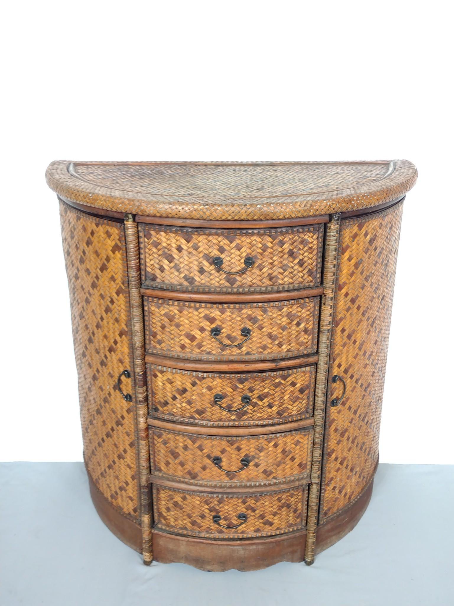 Woven Hall Cabinet: 33" wide X 17" deep X 34" high. No manufactures name found. MG. IMPORTANT: Before bidding, please read the terms and conditions. When you registered for the auction you agreed to these terms and will 