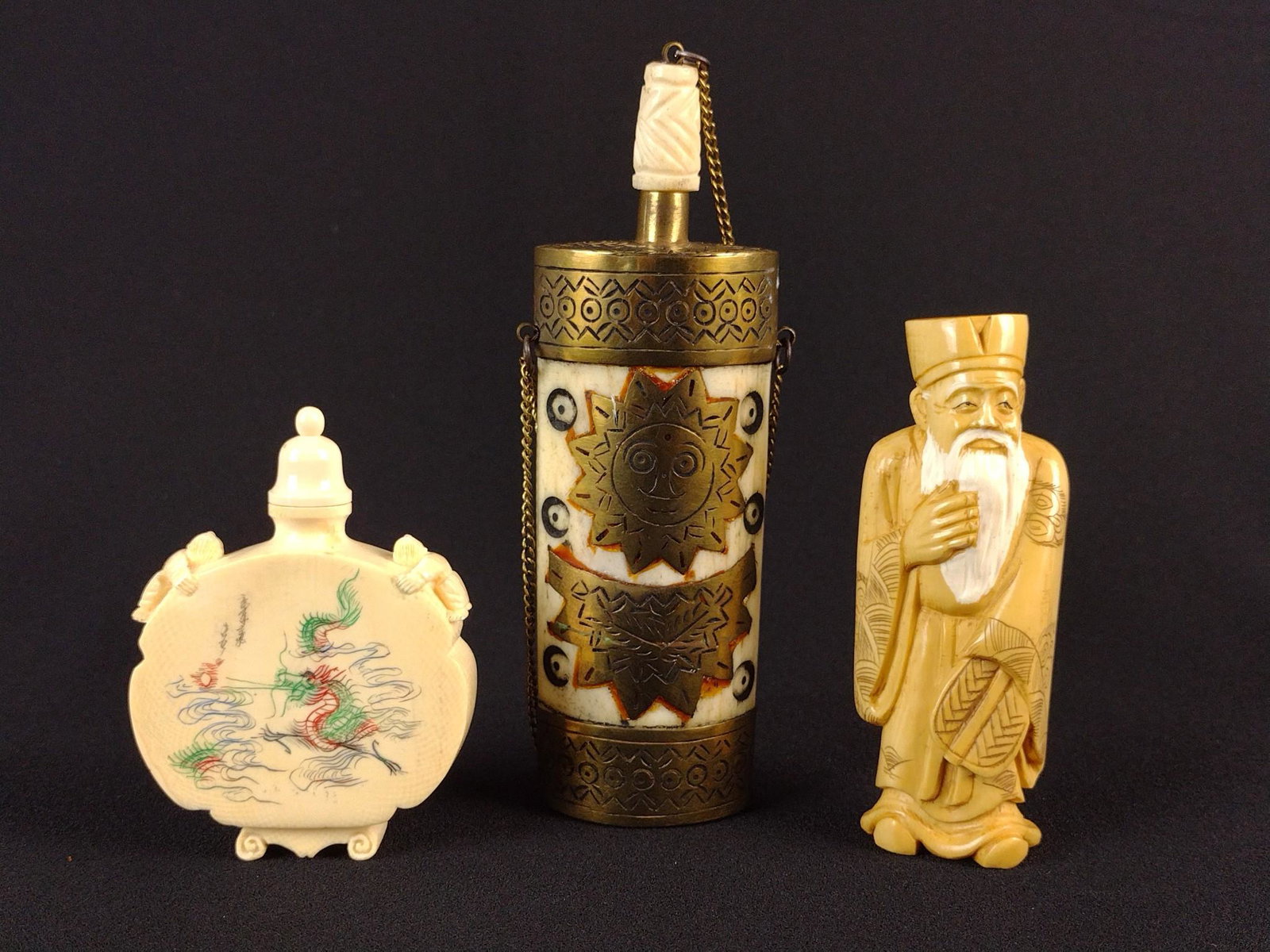 2 Bone Snuff Bottles & 1 Figurine: 3" to 5-1/4" high. DP. IMPORTANT: Before bidding, please read the terms and conditions. When you registered for the auction you agreed to these terms and will be required to comply with them.