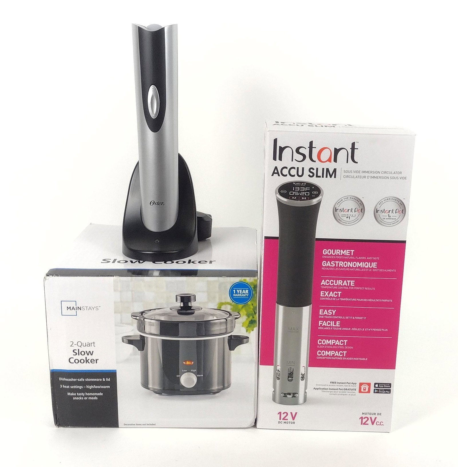 3 Kitchen Appliances incl Oster: Includes Main Stay 2-qt slow cooker, Instant accu-slim, and Oyster electric wine opener. Oyster wine opener working. Others not examined outside of original boxes. MEG IMPORTANT: Before bidding, pleas
