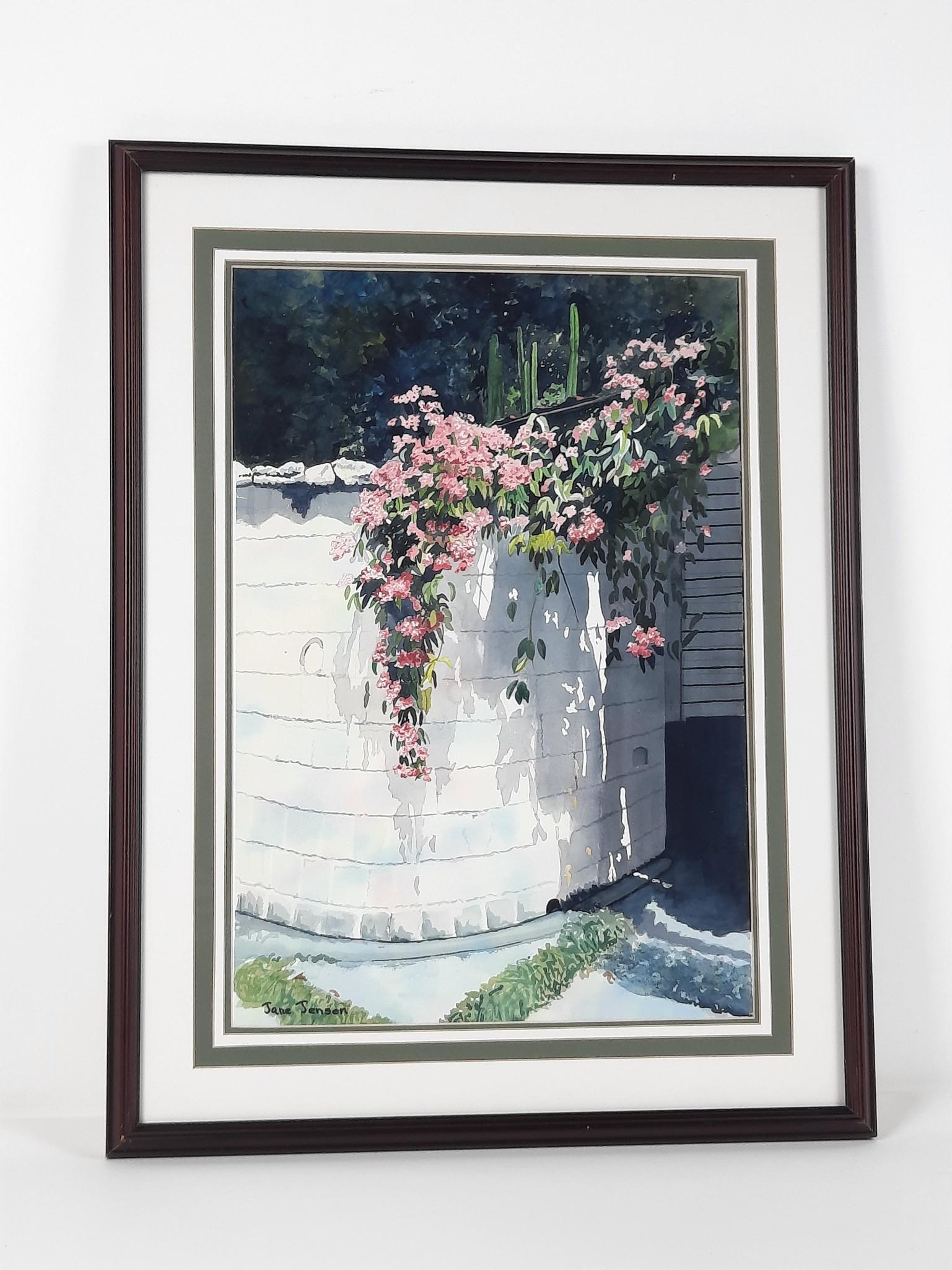 Jane Jensen Floral Still Life Watercolor: Rushville, IL artist. Overall with frame 25-1/4" high x 19-1/4" wide. LR IMPORTANT: Before bidding, please read the terms and conditions. When you registered for the auction you agreed to these terms 