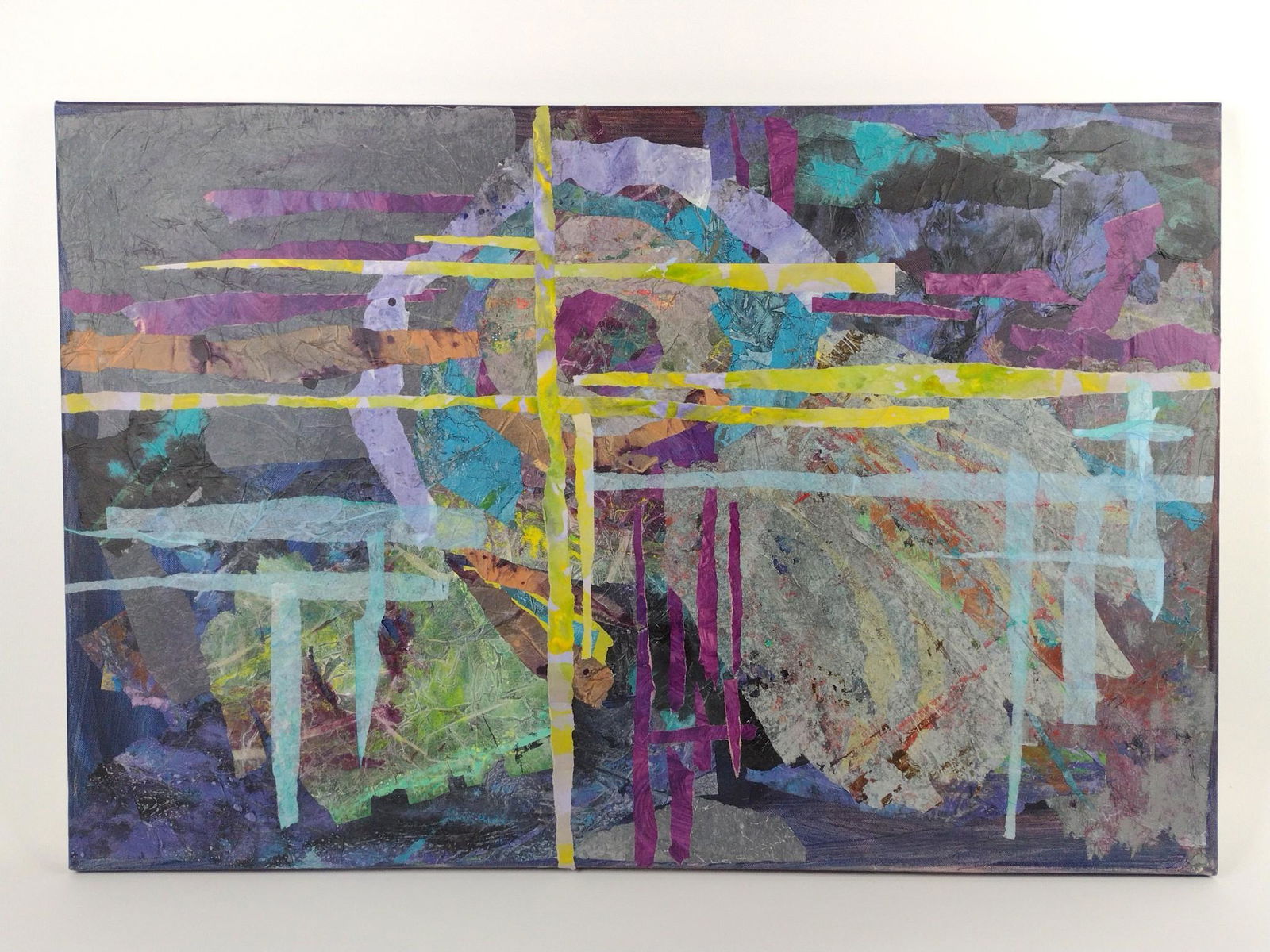 Mary Kandray Gelenser "Shangri-La" Collage: Mary Kandray Gelenser is a collage, mixed media and assemblage artist who delights in making something from nothing. Overall with frame 24" high x 36" wide. DP. IMPORTANT: Before bidding, please read