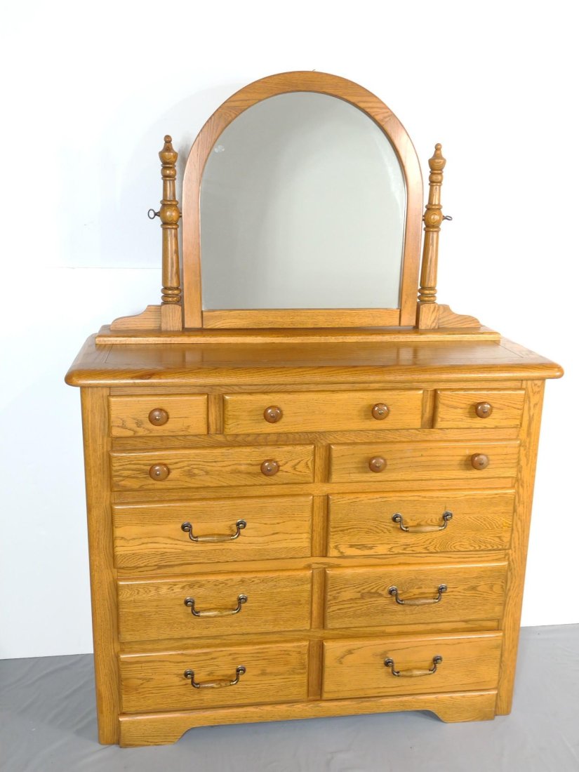 Stanley Dresser With Mirror: 49" wide X 18" deep X 69-1/2" high. Has some light scratches. MG. IMPORTANT: Before bidding, please read the terms and conditions. When you registered for the auction you agreed to these terms and wil