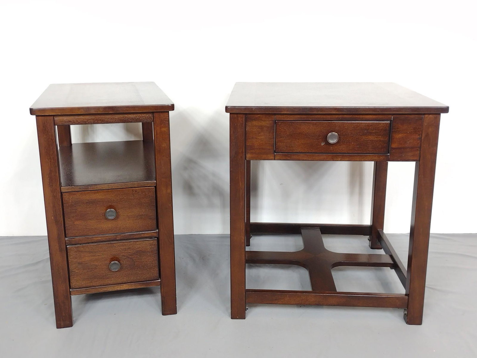 Set Of End Tables: Two drawer 14" wide X 24" deep X 24" high. Single drawer 22" wide X 24" deep X 24" high. No manufactures name found. MG. IMPORTANT: Before bidding, please read the terms and conditions. When you regis