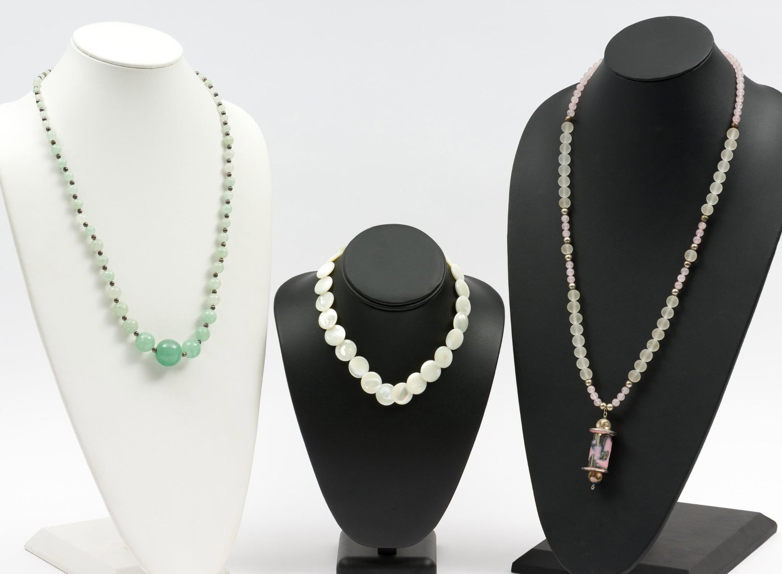 3 Bead Necklaces: Includes glass, rose quartz, aventurine quartz, and mother of pearl. 15" to 28-1/4" long. Pendant 2-1/2" long. Beads 6.23mm to 21.59mm. DP/EK IMPORTANT: Before bidding, please read the terms and condi