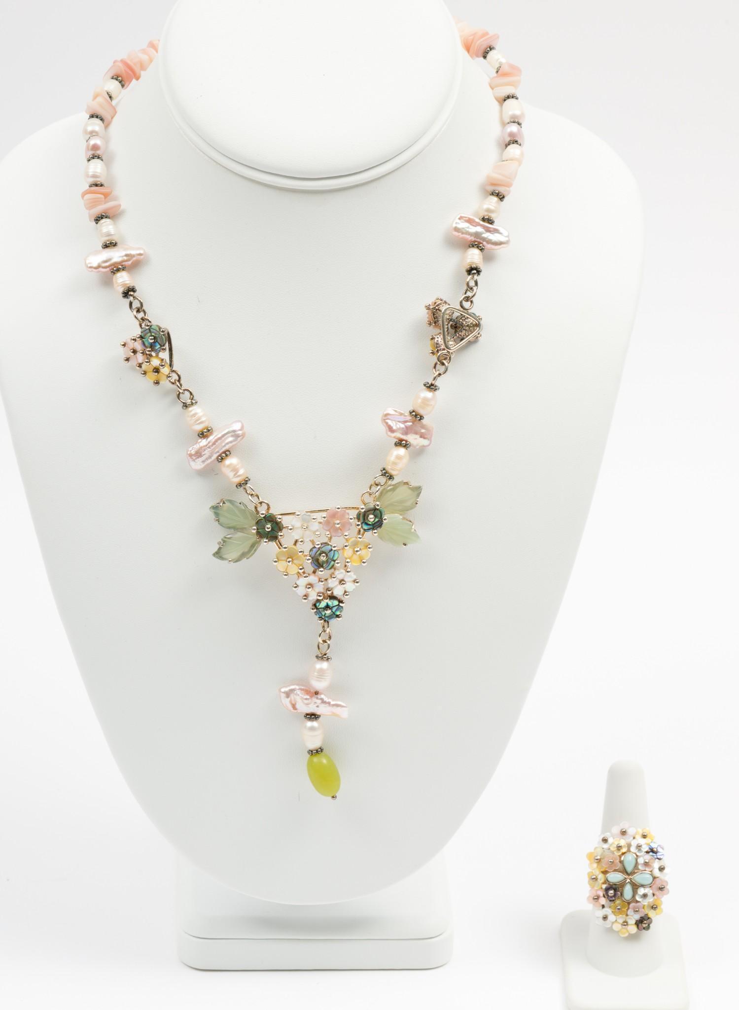 Floral Sterling Necklace & Ring: Pearl and carved stone. Pendant 2-3/8" high. Necklace 16-3/8" long. Ring size 8, 1-3/8" wide. DP. IMPORTANT: Before bidding, please read the terms and conditions. When you registered for the auction y