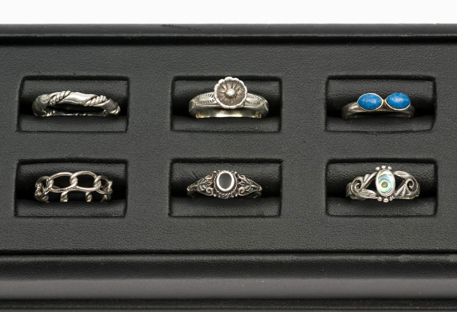 6 Sterling Fashion Rings incl Abalone: 1/4 to 1/3" wide. Sizes 4.5 and 5. MH. IMPORTANT: Before bidding, please read the terms and conditions. When you registered for the auction you agreed to these terms and will be required to comply wit